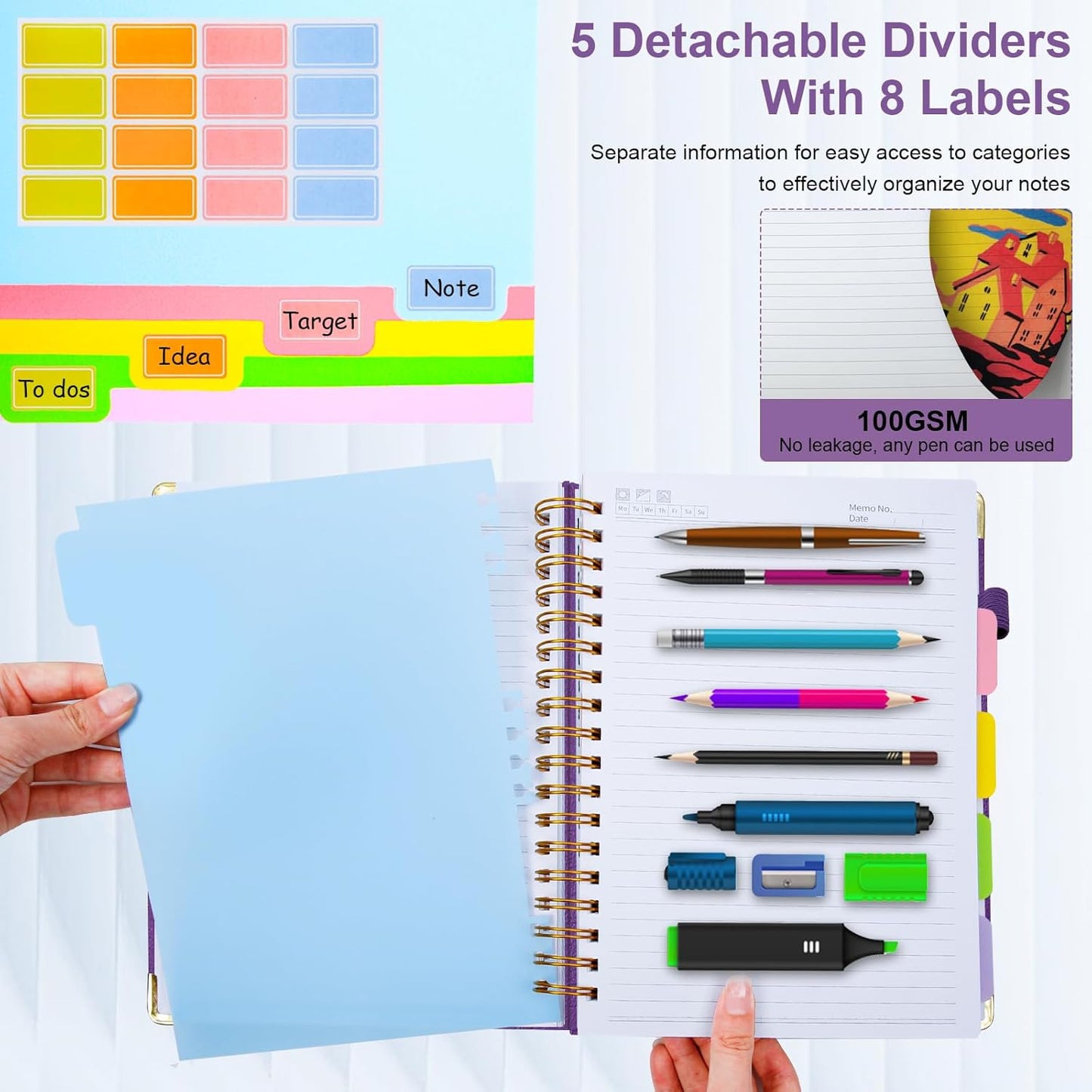 Hardcover Spiral Notebook 8"x10" Journal Notebook with Tabs and Removable Dividers 300 Pages 5 Subject Notebook College Ruled, Faux Leather Spiral Bound Notebook for Women, Students, School Work (Purple)