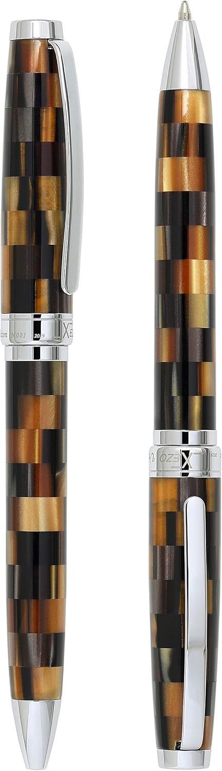 Xezo Urbanite Brass Ballpoint Pen, Medium Point. Woody Brown, Silver, and Black Acrylic Inlay with Chrome Plating. Handcrafted, Limited Edition, Serialized. No Two Alike.