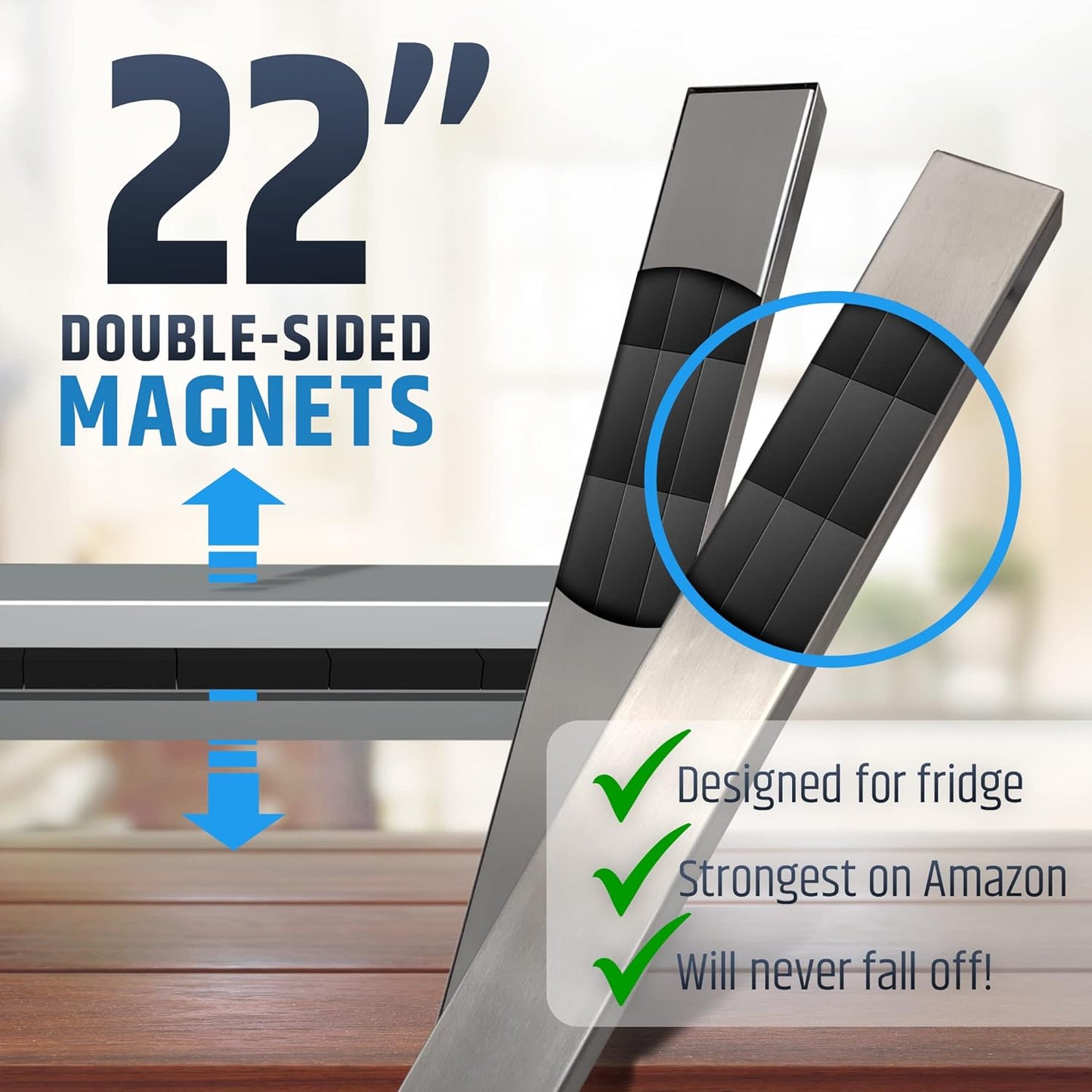 Fridge Applicable Stainless Steel Magnetic Knife Holder with Anti-Slide Upgrade - 22 Inch Professional Double Sided Knife Strip for Refrigerator - Knife Rack/Bar with Powerful Pull Force