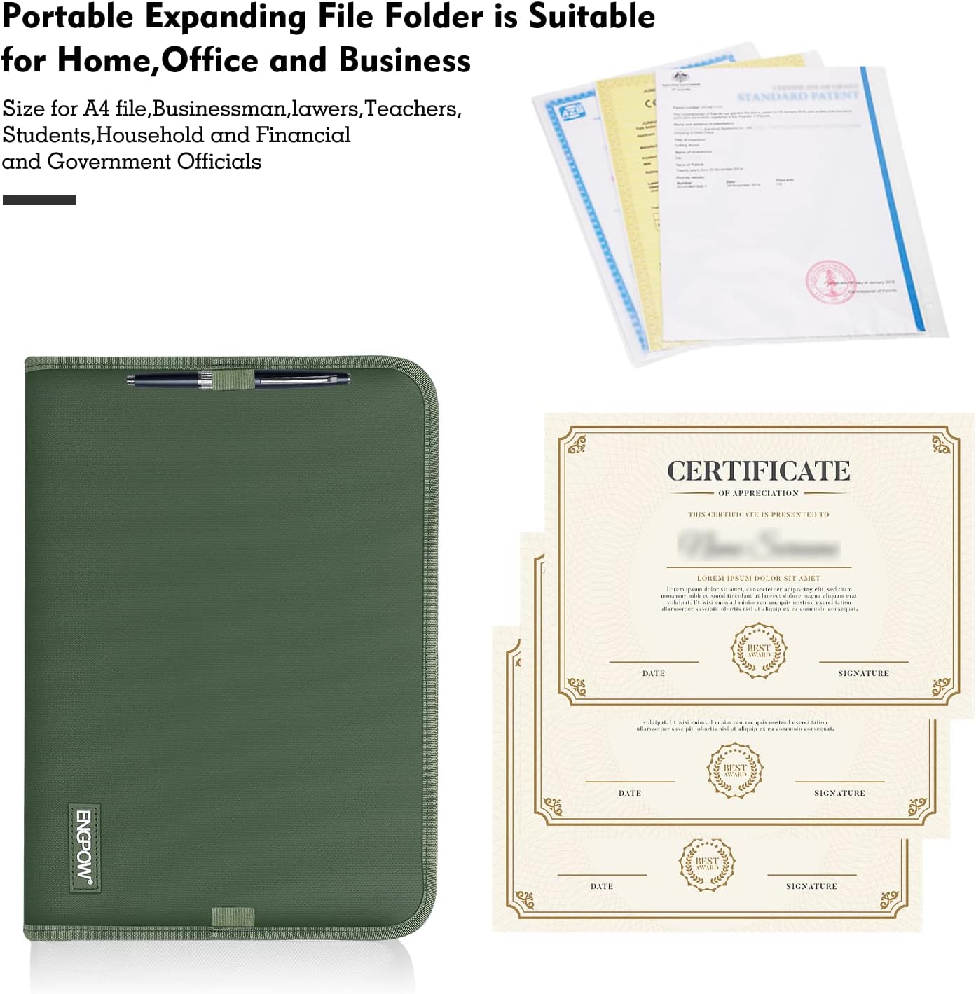 ENGPOW 13 Pocket Expanding File Folder,Fireproof Accordion File Folder Document Organizer with Zipper Closure,Document Folder Safe with Colorful Tabs,A4 Letter Size for Travel,Home,Office,Green