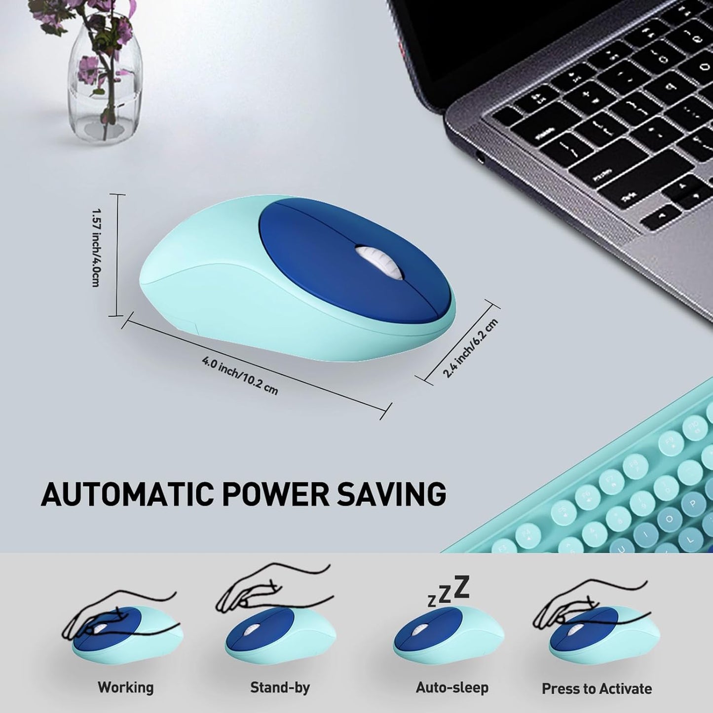 FOPETT 2.4GHz Wireless Keyboard and Mouse Set with Switch Button - Full-Size Keyboard - Compatible for Windows/Laptop/PC/Notebook/Smart TV and More - Blue