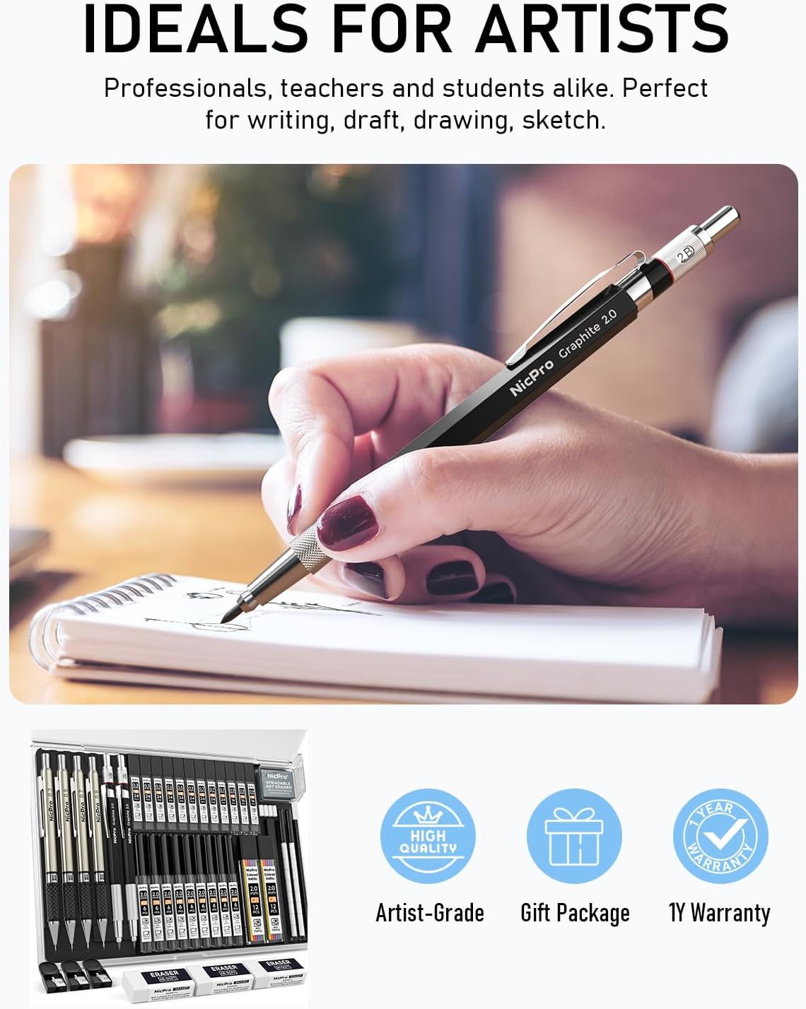 Nicpro 37PCS Art Mechanical Pencil Set, 4PCS Metal Drafting Pencil 0.3mm, 0.5 mm, 0.7 mm, 0.9 mm & 2PCS 2mm Lead Holder (6B 4B 2B HB 2H 4H Colors) For Sketching Drawing With 23 Tube Lead Refills Case