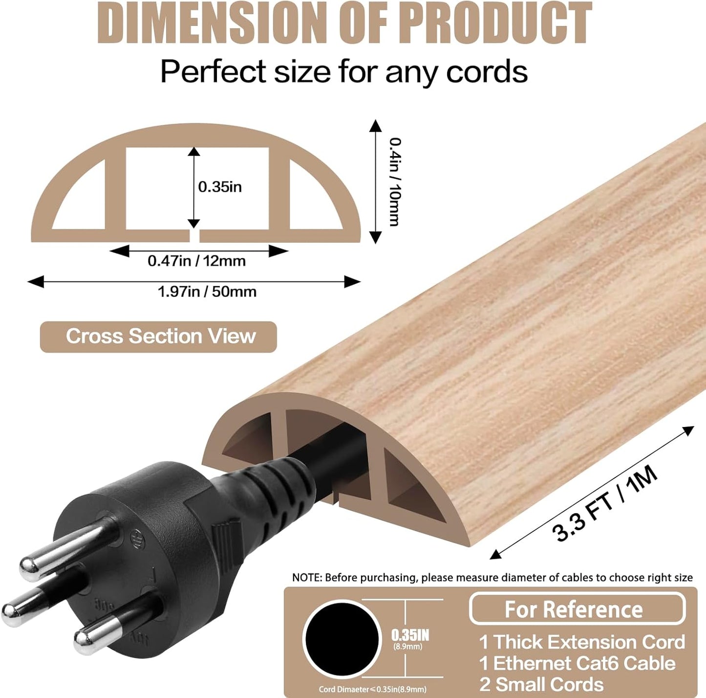 Floor Cord Cover Self Adhesive Cord Hider,3.3FT Cable Management, Extension Strip Protector for Wires, Prevent Cable Trips for Offices, Gyms, Exhibitions Cavity:0.47"(W) x0.35(H) WoodLightyellow