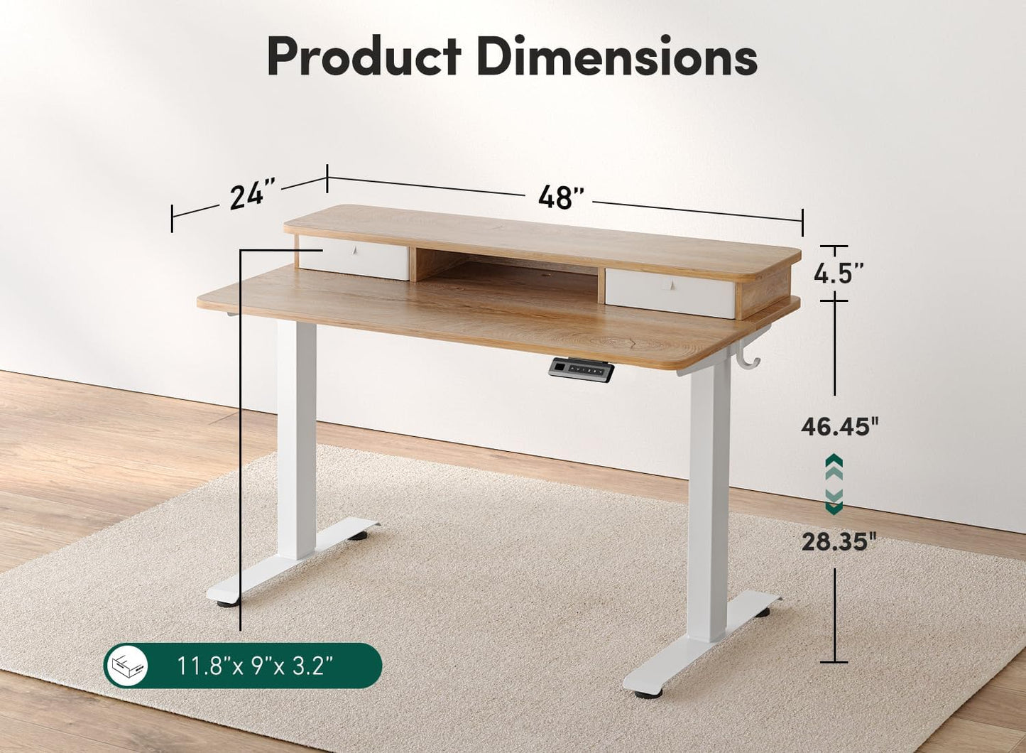FEZIBO 48 x 24 Inch Height Adjustable Electric Standing Desk with Double Drawer, Computer Desk, Home Office Stand Up Table with 4 Height-Adjustable Feets & 2 Hooks, Maple