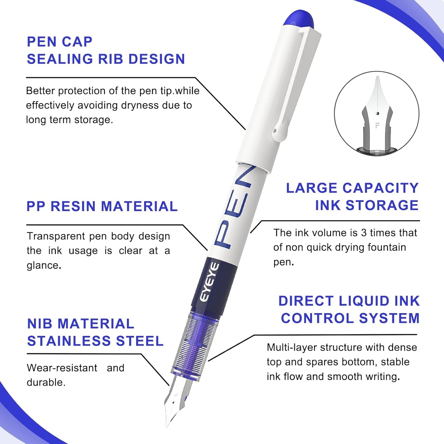 EYEYE Disposable Fountain Pens, 8 Pack 3 Colors Fine Point Pens Stainless Steel Nib, Fountain Pens Smooth Writing for Calligraphy, Journaling, Drafting, Sketching, Doodling & Office Supplies