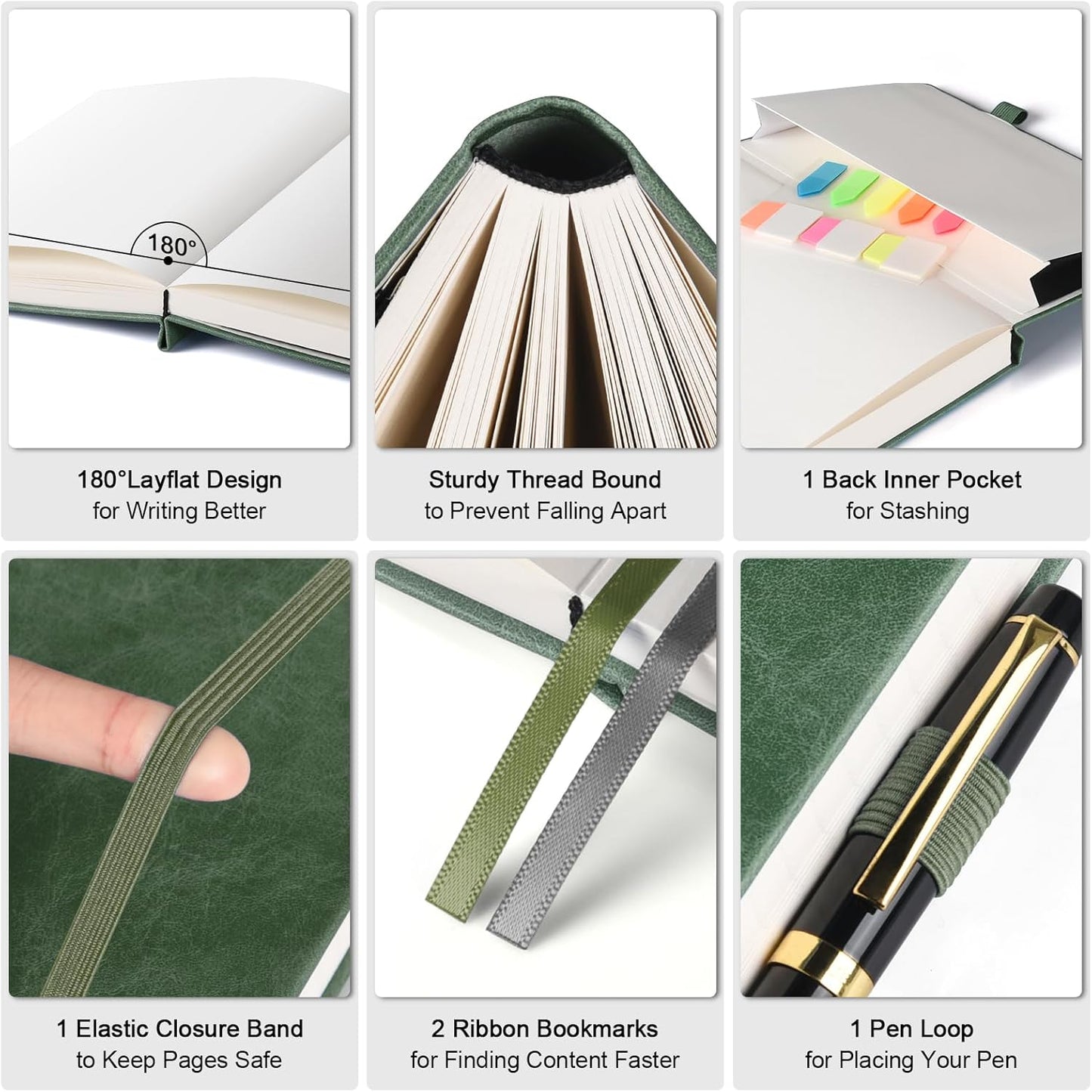 Graph Paper Notebook, 312 Numbered Pages Large A5 Hardcover Leather Journal, 100gsm No Bleed Grid Paper Notebook with Index Pages, Grid Notebook for Graphing Notes Math, 5.75" x 8.38", Green