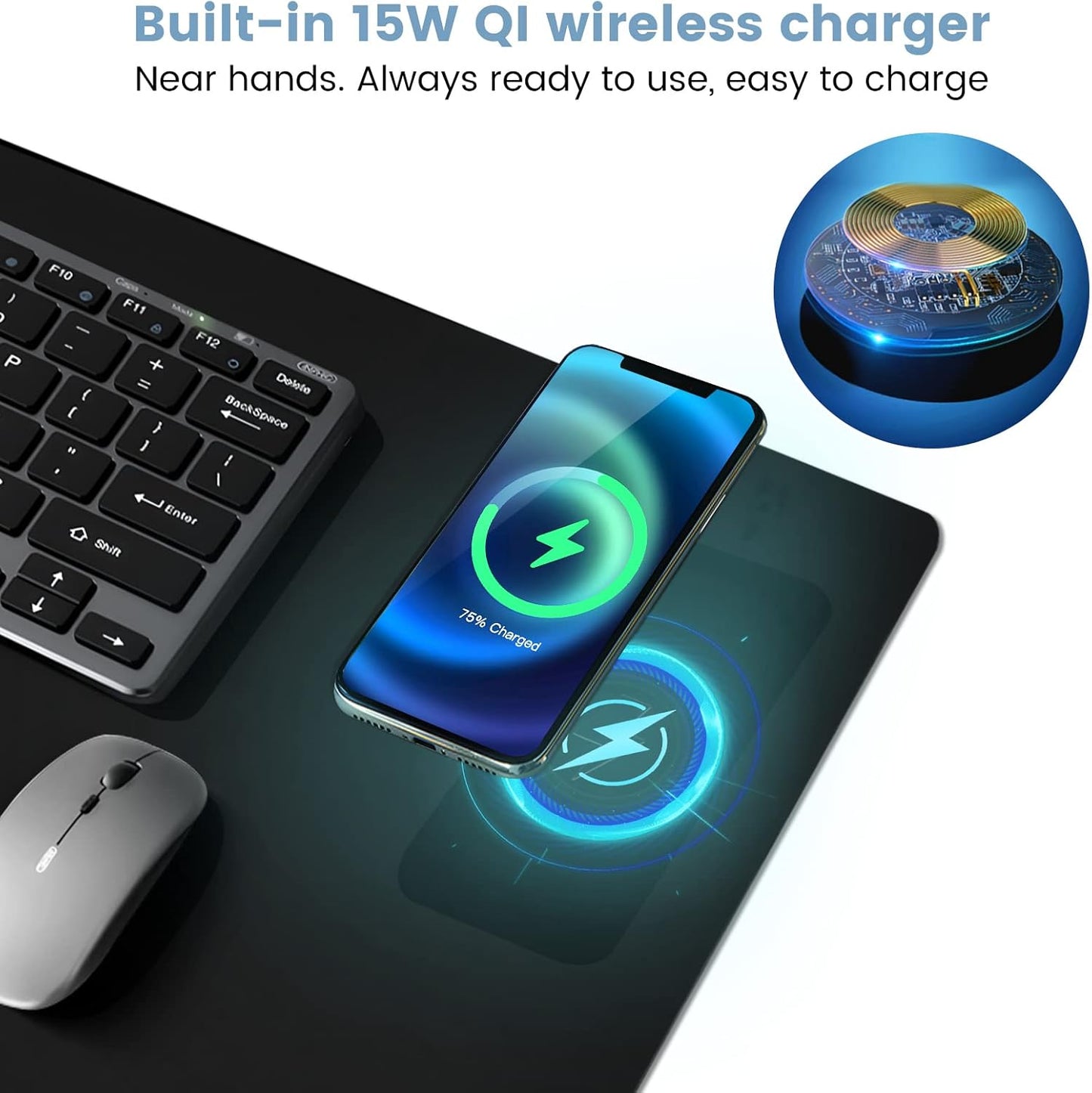 Desk Mat Wireless Charging Mouse Pad Large 32x16 Journey Desk Pad Mat with Wireless Charger Waterproof Black Leather Computer Mat with Phone Charger Mousepad Non-Slip for Keyboard and Mouse