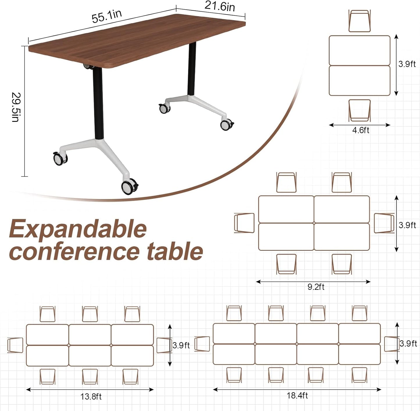 Folding Conference Table, Modern Large Conference Room Tables with Flip-Top Design, Foldable Conference Table Meeting Table with Wheels, Mobile Seminar Training Tables for Office Classroom (2, Brown)