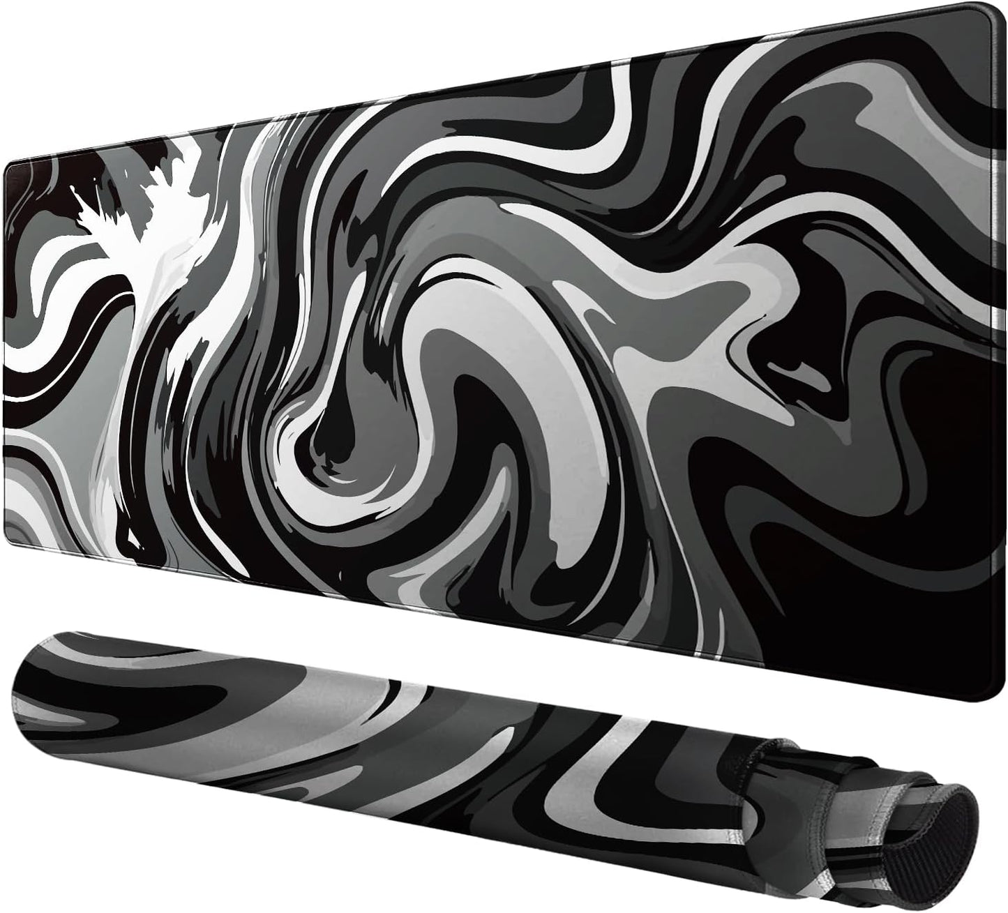 Large Gaming Mouse Pad - Black and White Mouse Pad with Stitched Edges, Extended XL Mousepad with Anti-Slip Rubber Base, Ink Liquid Wave Desk Mat for Keyboard and Mouse(31.5x15.8 inch)