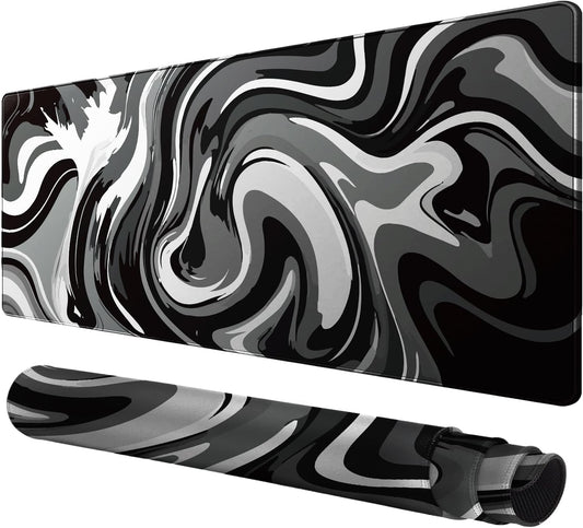 Large Gaming Mouse Pad - Black and White Mouse Pad with Stitched Edges, Extended XL Mousepad with Anti-Slip Rubber Base, Ink Liquid Wave Desk Mat for Keyboard and Mouse(31.5x15.8 inch)