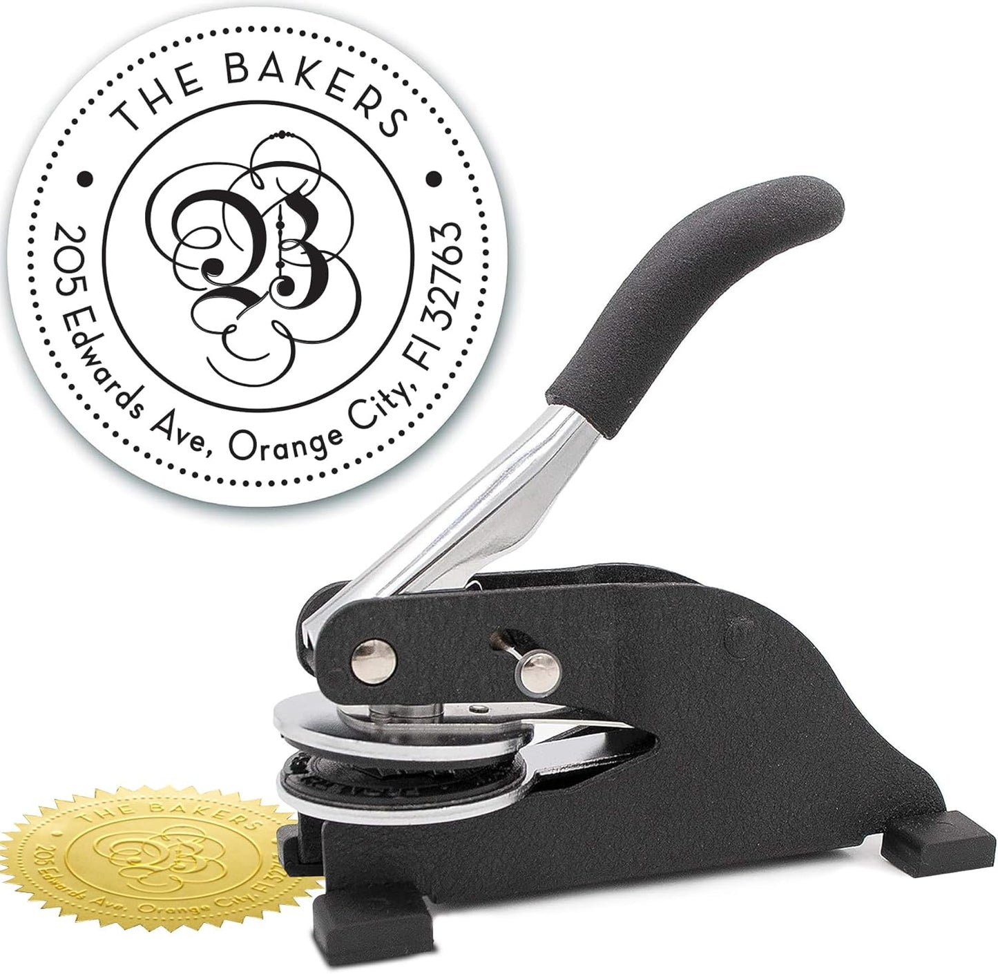 Custom Monogram Address Desk Embosser - Personalized Round Seal with 50 Gold Seal Labels - Style EMD-024