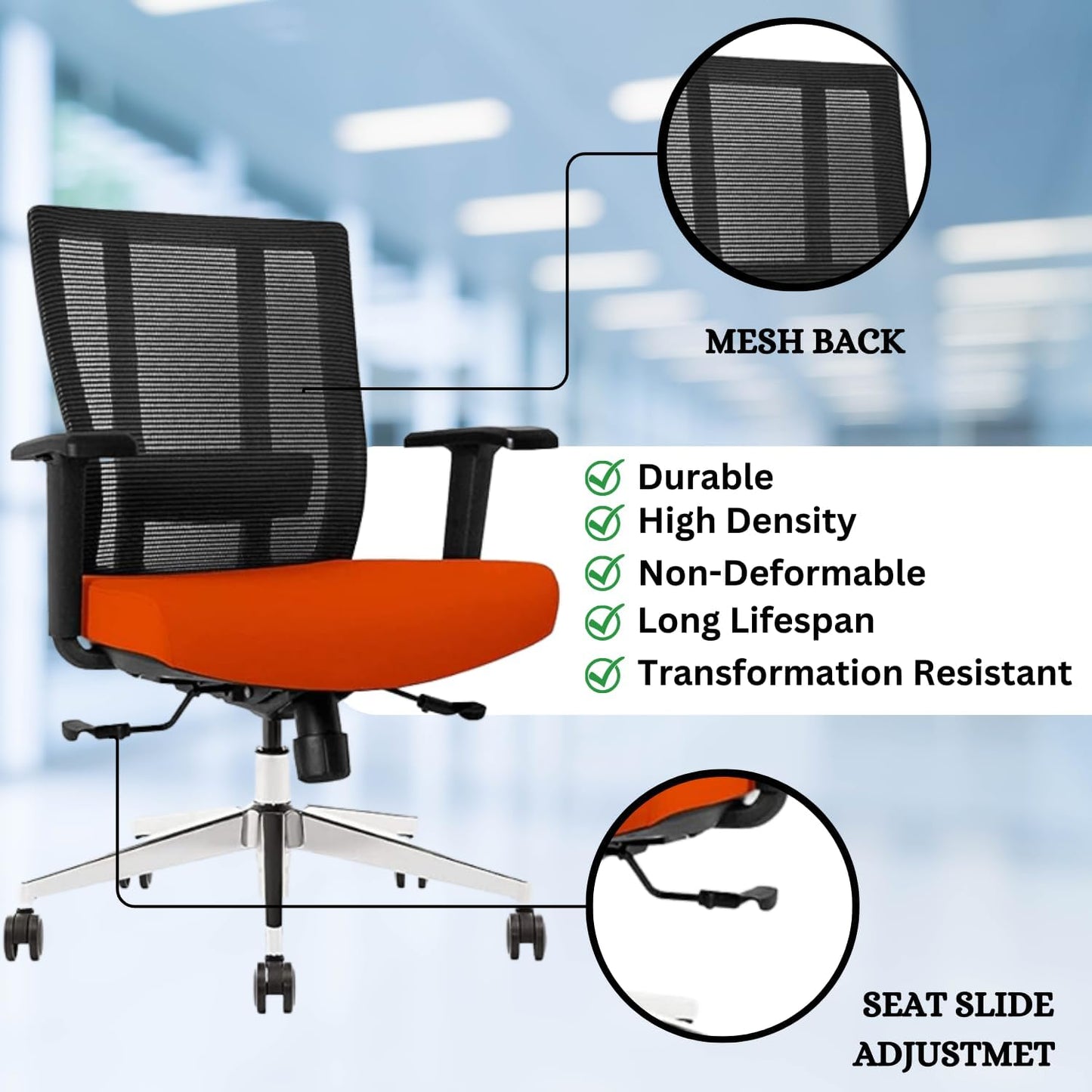 Ergonomic Office Chair - Breathable Mesh Back with Adjustable Lumbar Support, 3D Armrests, Tilt Function, and 360° Swivel Wheels - Perfect for Home Office or Conference Room - Stylish Tangerine Design