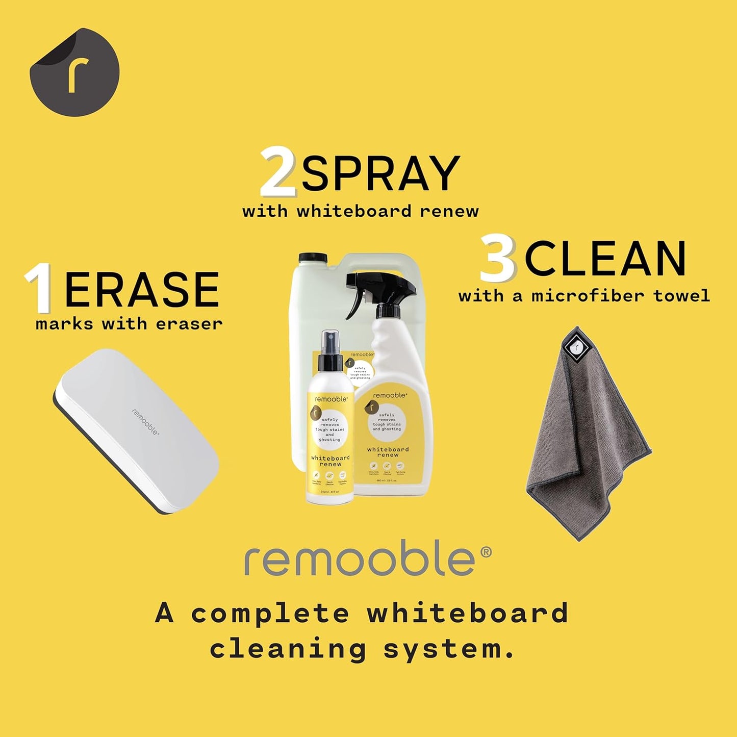 Remooble Dry Erase Whiteboard Cleaner Spray & Microfiber Cleaning Cloth - Safely Removes Tough Stains and Ghosting, 8 oz.