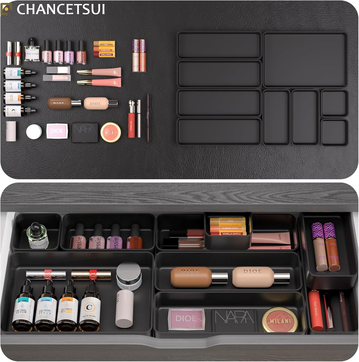 9 Pcs Stackable Drawer Organizer Trays Set, Multifunctional Stackable Storage Trays for Vanity, Bathroom, Kitchen, Desk Drawer Organizer Office. Plastic Drawer Organizers Available In 5 Colours, Black