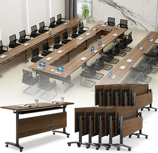 Folding Conference Room Table, Modern Conference Tables with Wheels, Large Rectangular Mobile Training Tables for Office Classroom, Foldable Modular Boardroom Seminar Table Walnut (10pack L63in)