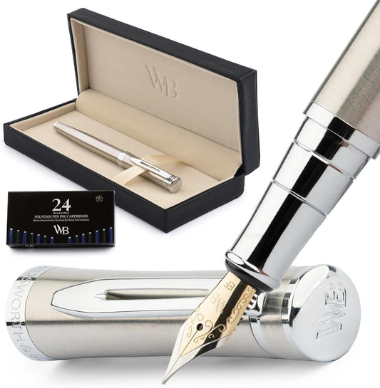 Wordsworth & Black Fountain Pen Set, 18K Gilded Extra Fine Nib, Includes 6 Pack Ink Cartridges, Ink Refill Converter & Gift Box, Chrome Finish, Calligraphy, [Silver Chrome], Perfect for Men & Women