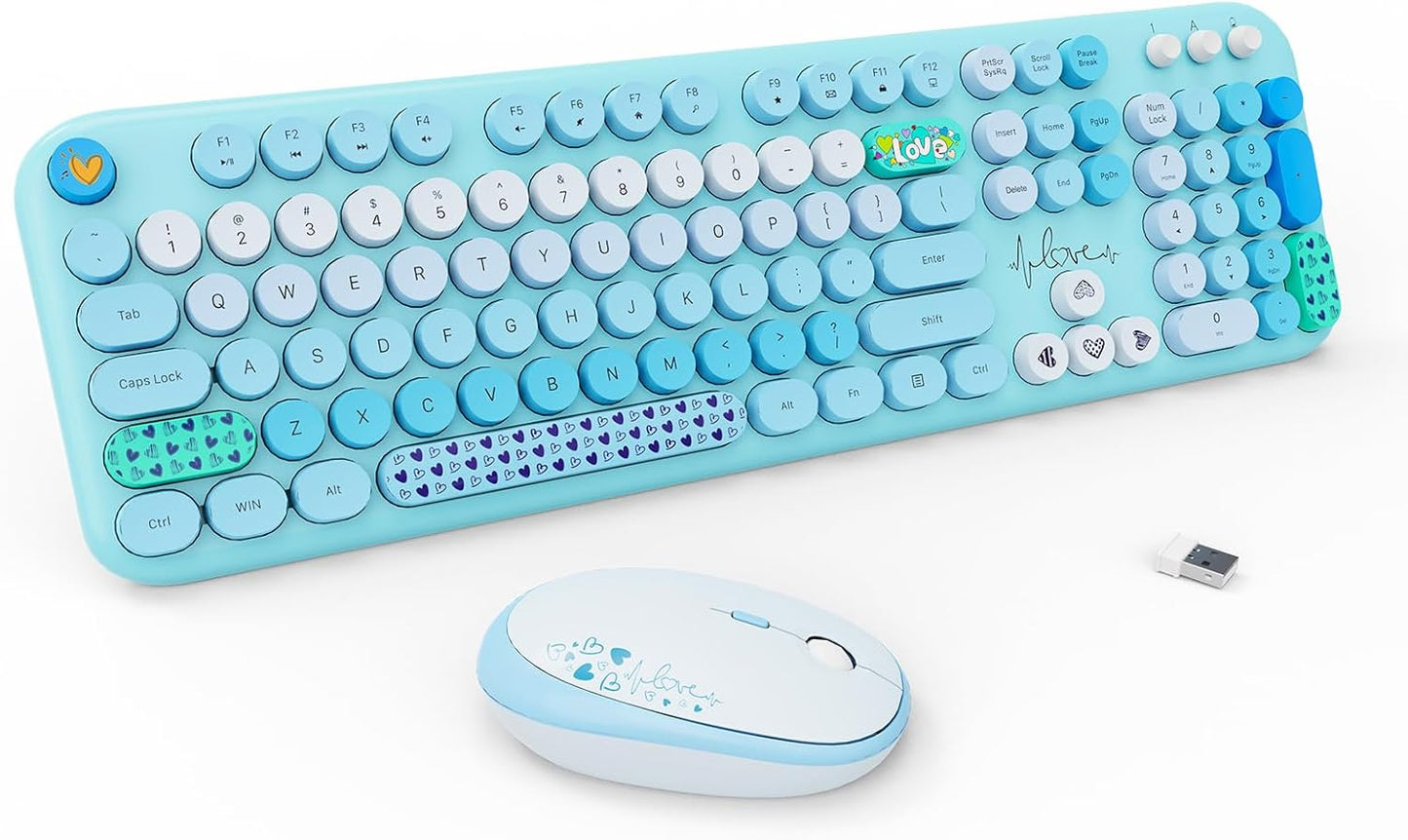 FOPETT Wireless Keyboard and Mouse Combo - 2.4G Full-Sized Cute Colorful Retro Keyboard with Round Keycaps 104 Keys Typewriter Keyboard for Laptop/Windows/PC-Blue Colorful