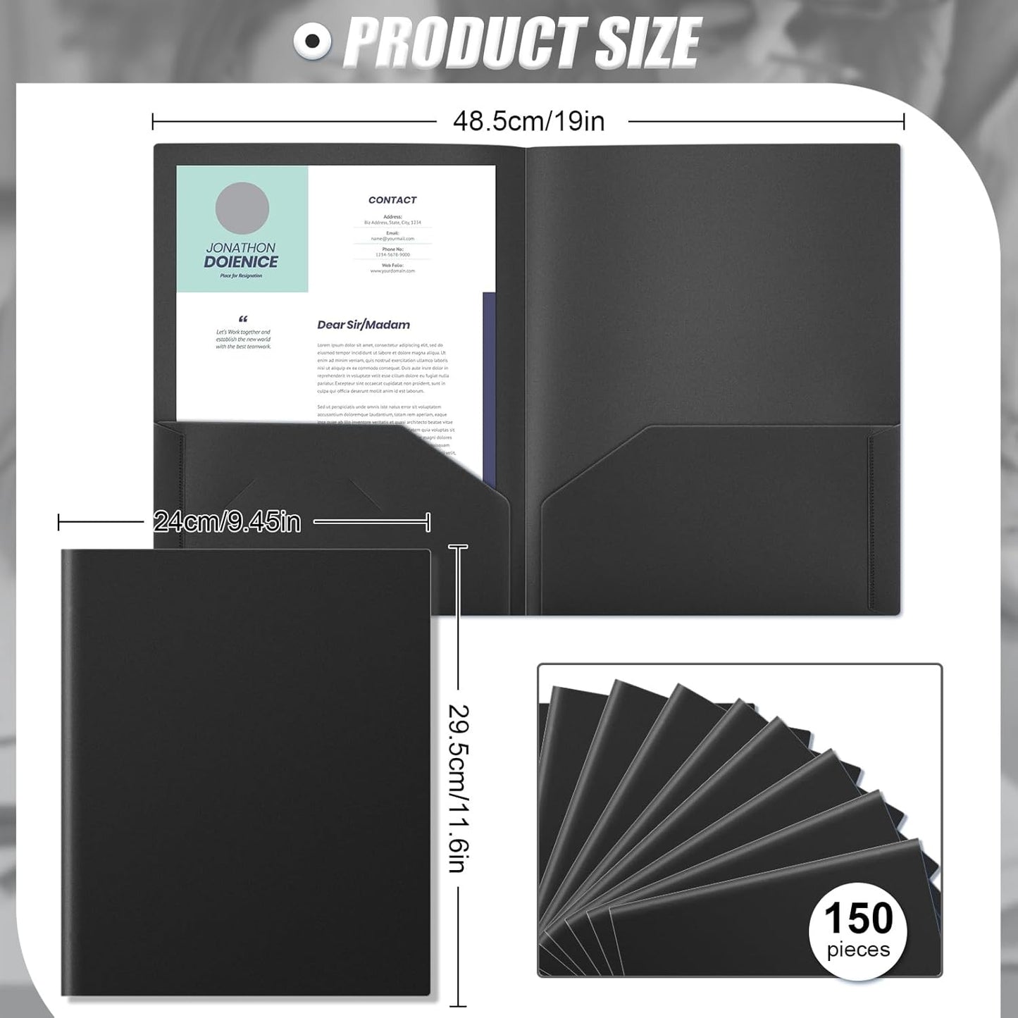 Gueevin 150 Pcs Plastic Folders with Pockets, Two Pocket Folder Fit 8.5 x 11 Inch Letter Size Paper, Heavy Duty School Folders Business Card Holder for Home Office School Bussiness (Black)