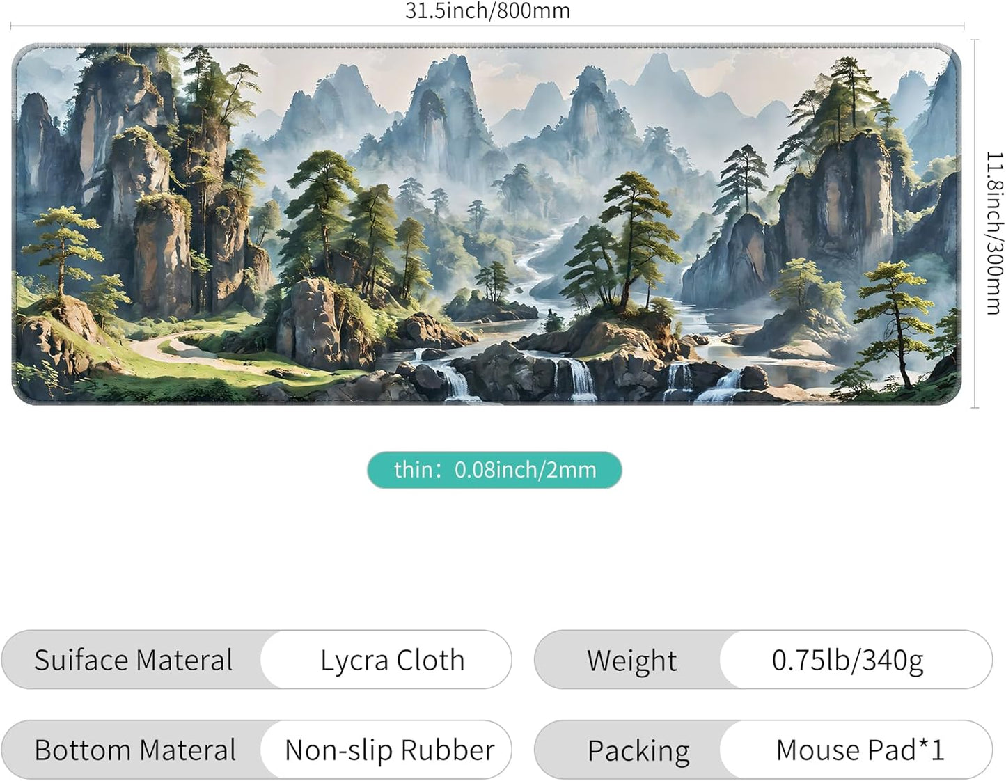 Dynippy Thin Extended Gaming Mouse Pad （31.5 * 11.8 * 0.08 inch） with Stitched Edges Large Mousepad Long XXL Keyboard and Mouse pad Desk Mat for Gaming Office & Home - Landscape Painting