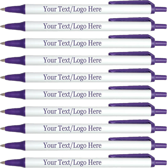 Personalized Click Stick Pens With your Custom Logo or Text-300 Pack Bulk-for Businesses, Parties, and Events, Custom Printed Retractable Slim Ballpoint Pens, Dark Purple, Black Ink