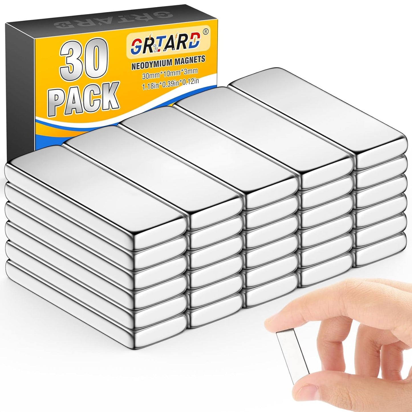 Grtard 30 Pack Strong Neodymium Magnets Fridge Magnet Bar 30x10x3mm Heavy Duty Magnets Bar Rectangular Rare Earth Magnet for Fridge, Home Organization, Photos, Postcard, Iron Tools