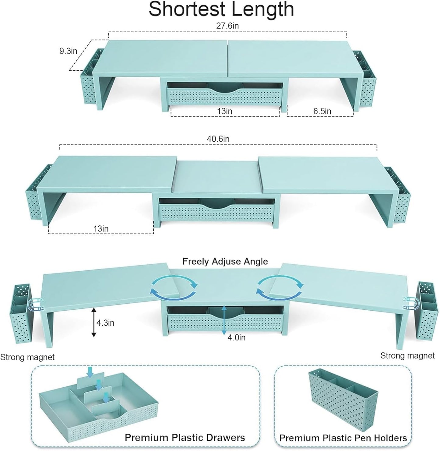 gianotter Dual Monitor Stand Riser, Desk Organizer With Drawer and 2 Pen Holders, Monitor Stand for Desk, Office Decor Essentials (Blue)