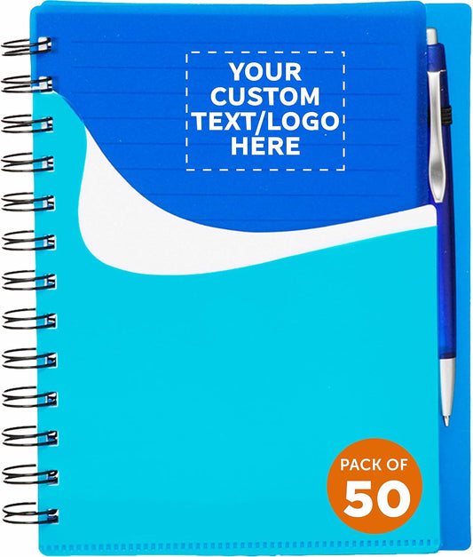 DISCOUNT PROMOS Custom Spiral Notebooks with Front Pocket Set of 50, Personalized Bulk Pack - Durable Plastic Cover, Includes Matching Pen in Blank Ink, Perfect for School, Office, Home - Blue