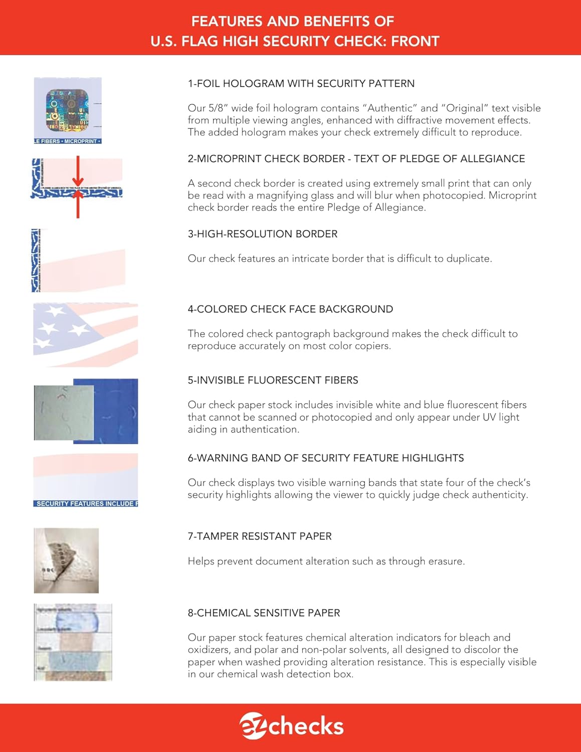 EZ Checks Premium Blank Hologram High Security Laser Check Stock | 500 Sheets (US Flag, Check at Top)