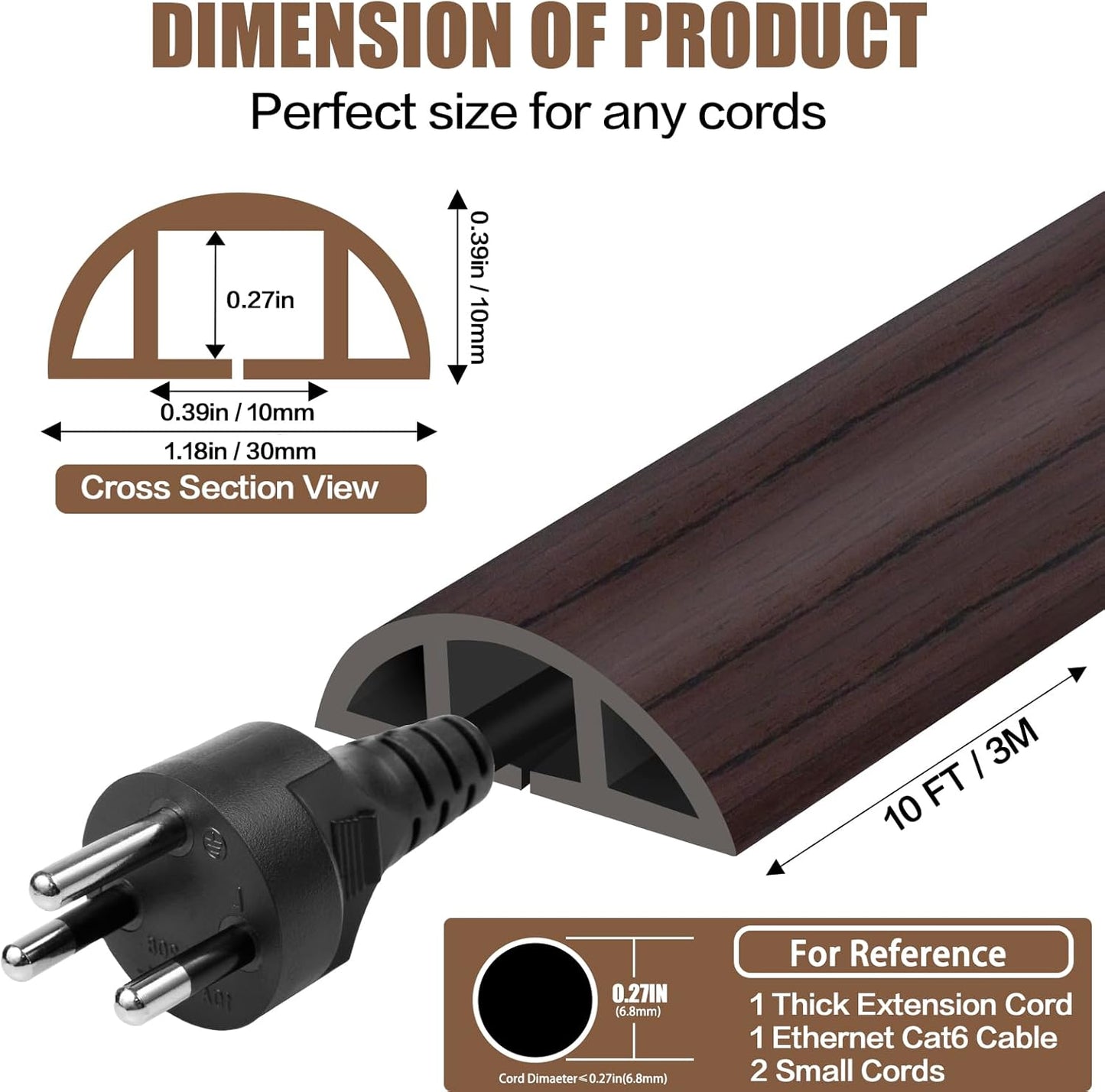 Floor Cord Cover Self Adhesive Cord Hider,10FT Cable Management, Extension Strip Protector for Wires, Prevent Cable Trips for Offices, Gyms, Exhibitions Cavity:0.39"(W) x 0.27"(H) Black Wood