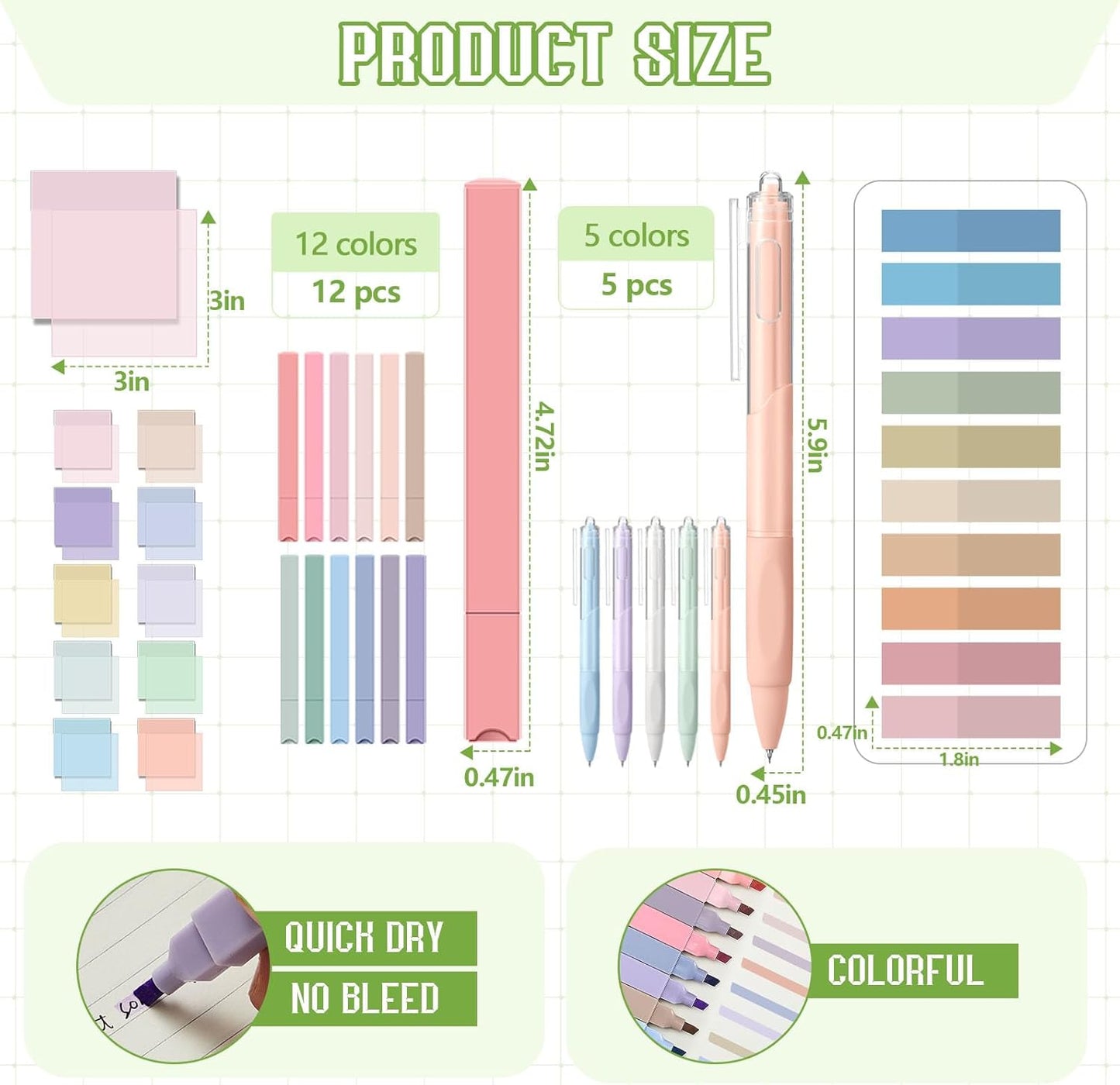 Jutom 39 Pcs Aesthetic Book Annotation Kit Highlighter with Pencil Case Bag Gel Pen Transparent Sticky Note Taking Bible Study College School Supplies(Green,Kawaii Style)