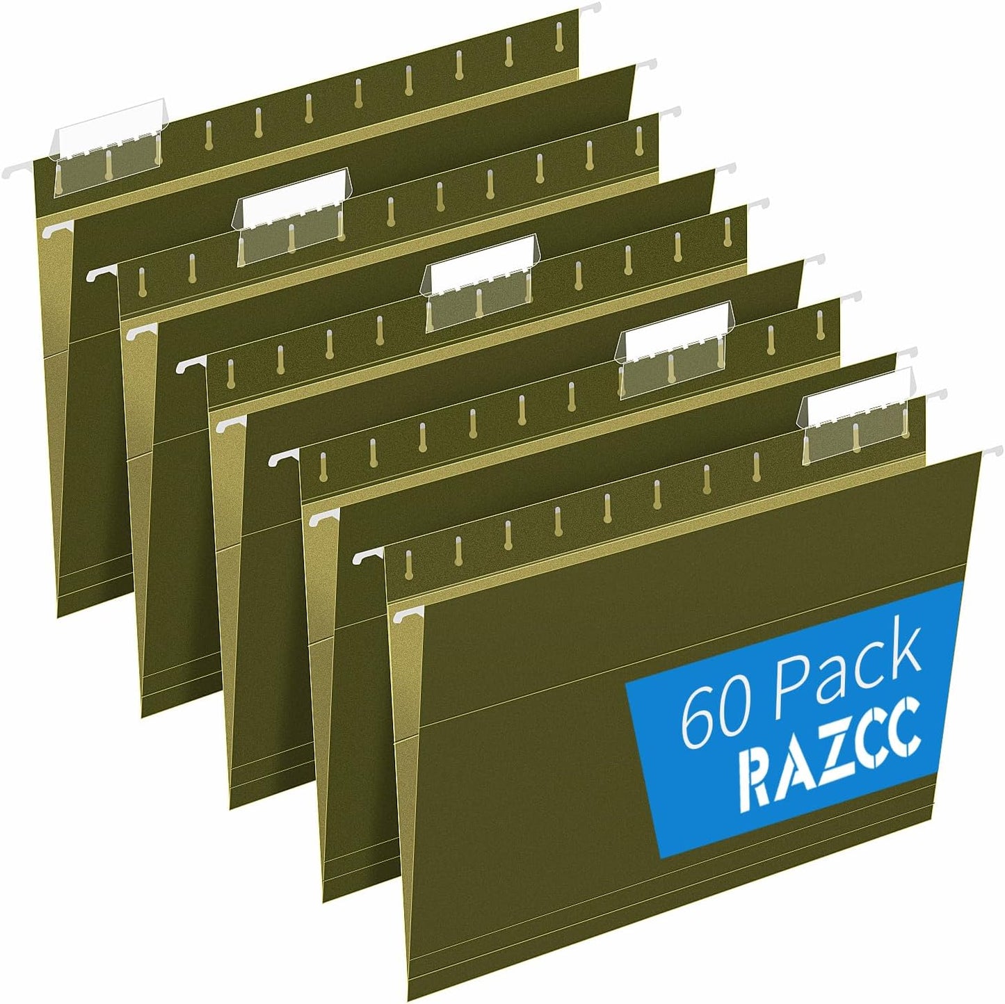 Hanging File Folders, RAZCC 60 Pack Reinforced Hanging Folders Letter Size, Designed for Bulky Files, Filing Cabinet, Adjustable Tabs, Green