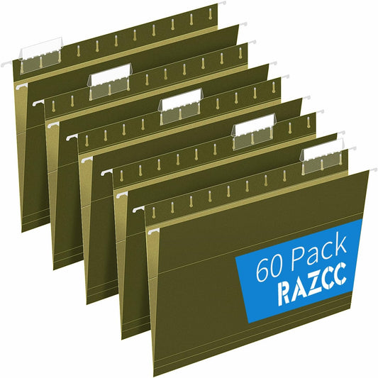 Hanging File Folders, RAZCC 60 Pack Reinforced Hanging Folders Letter Size, Designed for Bulky Files, Filing Cabinet, Adjustable Tabs, Green