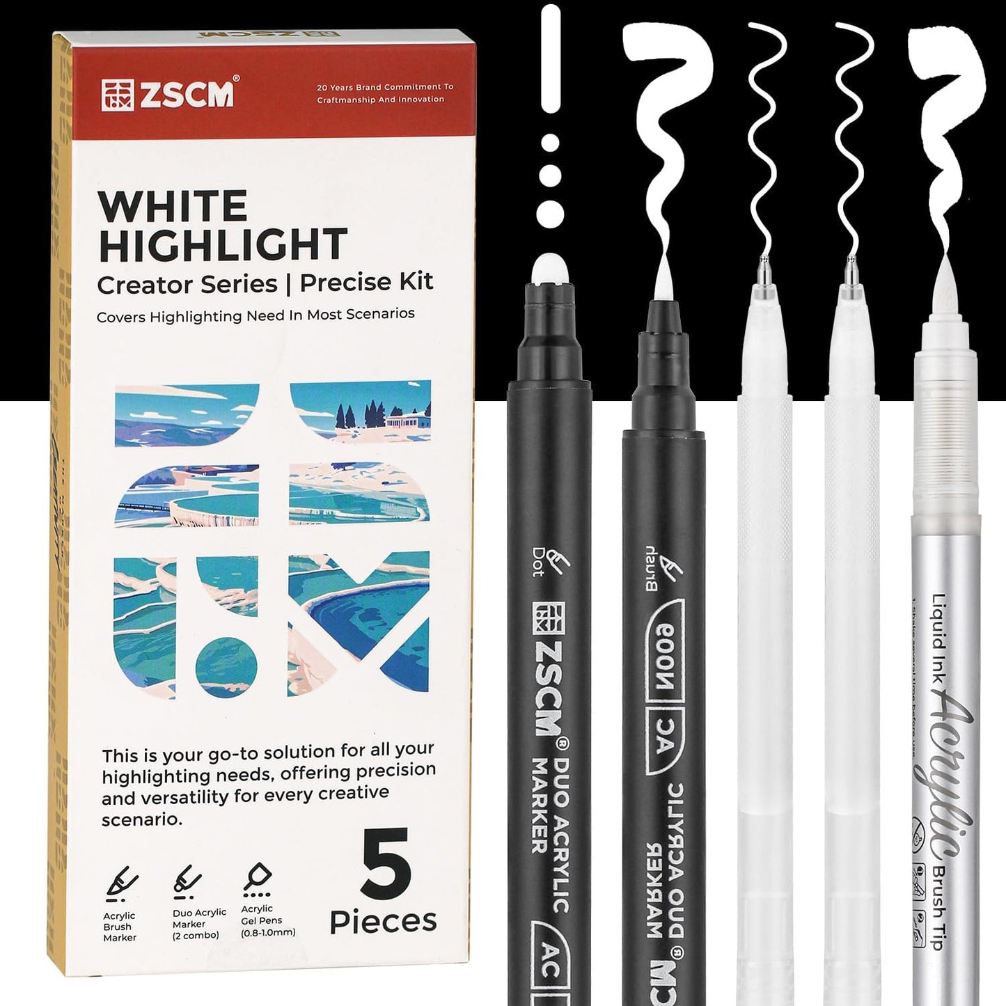 5 Pack White Acrylic Ink Pens for Drawing, Fine Point White Gel Pens, Opaque Acrylic Markers for Black Paper Drawing, Sketching, Illustration, Card Making