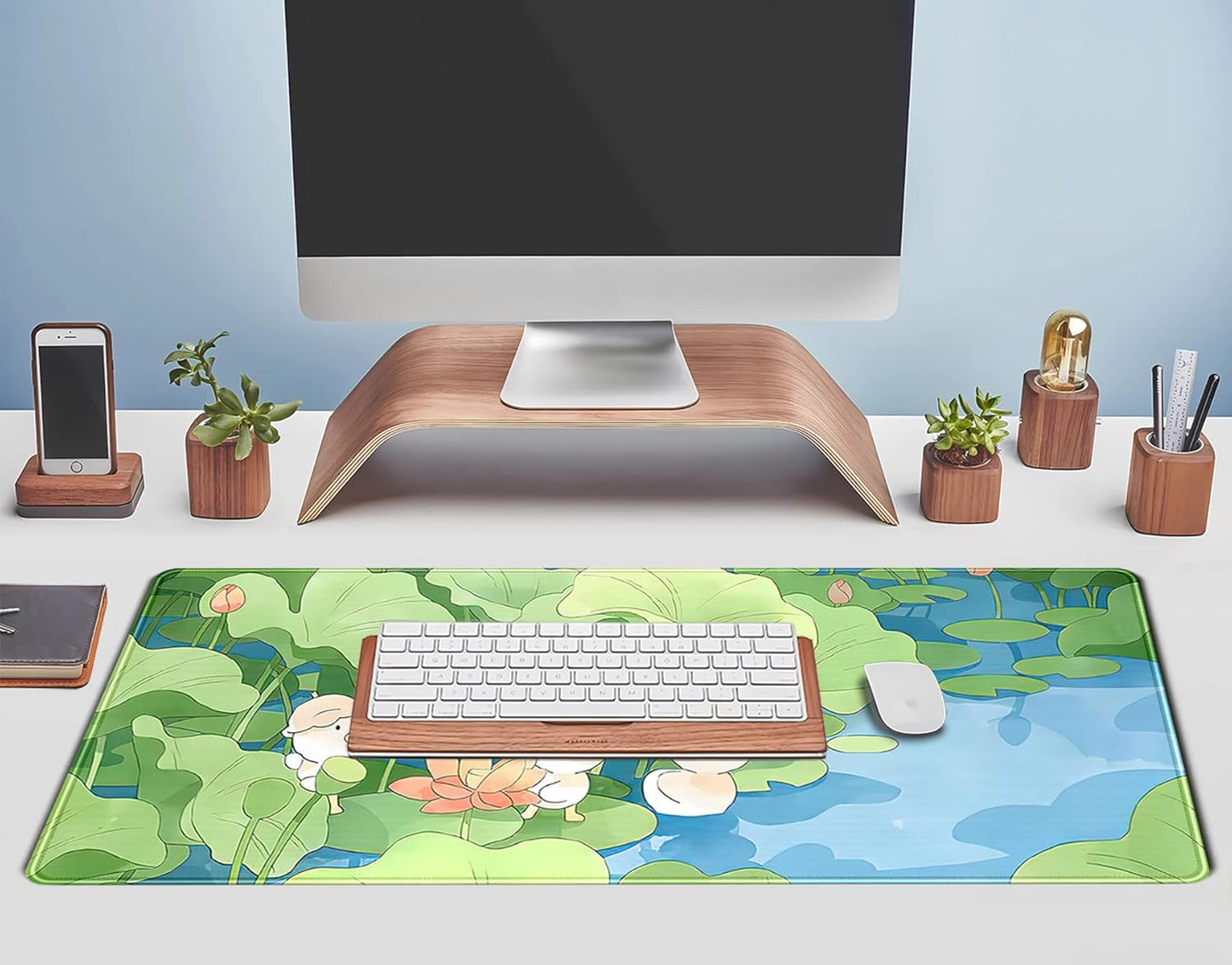 Kawaii Desk Mat Cute Mouse Pad Green Healing Design Cartoon Anime Duck Desk Pad Large Laptop Keyboard Mat Pad Computer Mouse Pads for Girl Desk Office Decor, 31.5x11.8 in Desktop Mousepad Deskmat