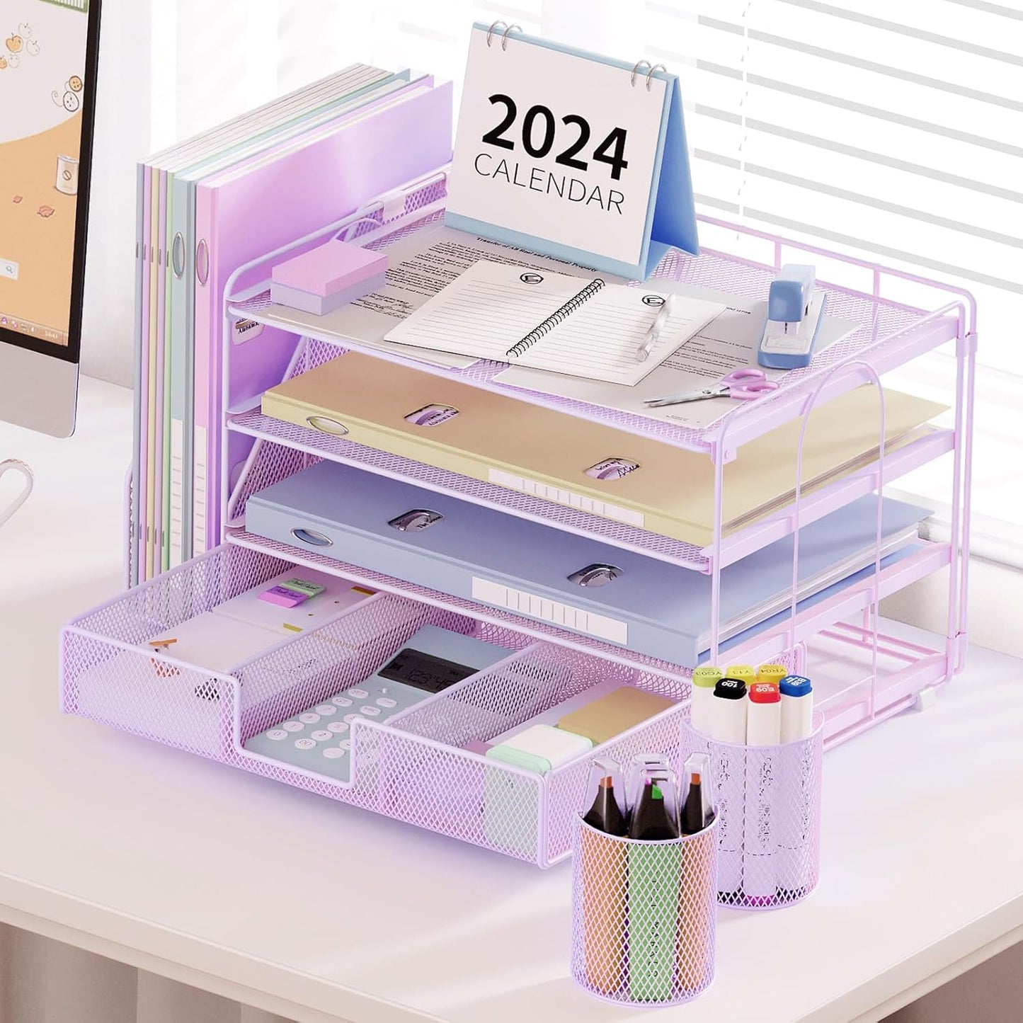 Desk Organizer and Accessories, 4-Tier Desktop File Organizer with Drawer and 2 Pen Holders, Office Desk Accessories for Office Supplies(Purple)