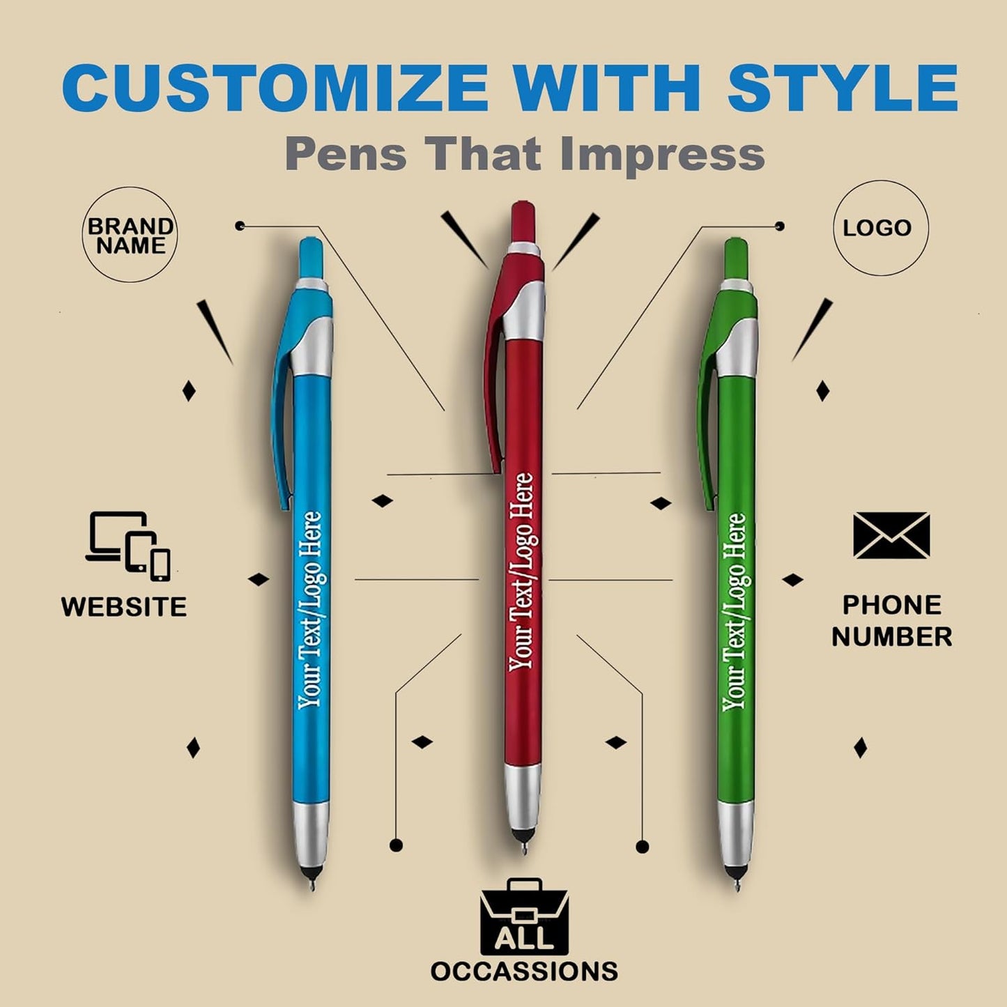 Personalized with Your Custom Logo or Text Pens-Pack of 300- for Marketing, Parties, and Events, 2 in 1 Capacitive Stylus & Ballpoint Pen Compatible with Touchscreen Devices, Black Ink, Assorted