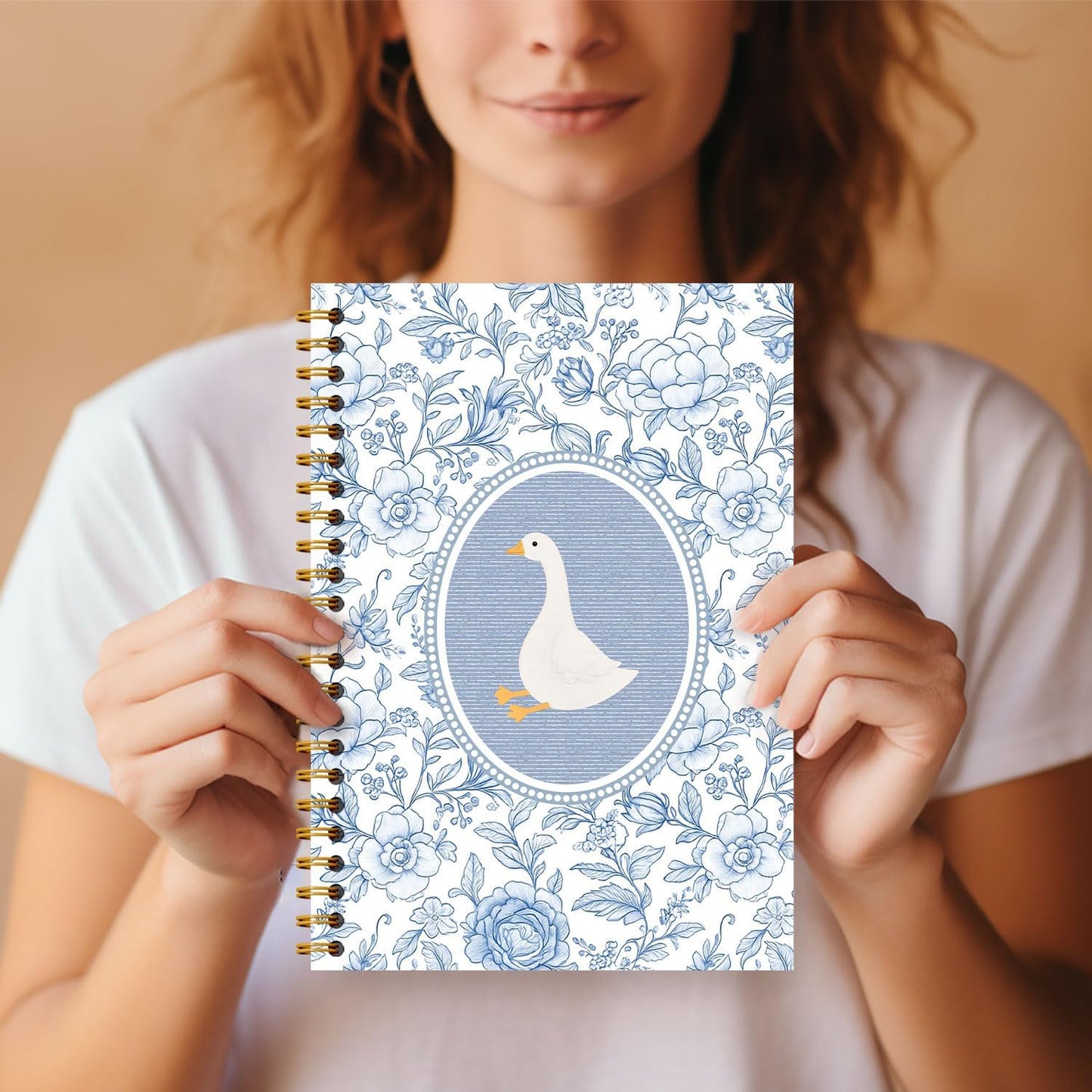 Guymn Blue and White Chinoiserie Goose Notebook, Grandmillennial Floral Goose Journal for Kids Girls, Geese Animal Lover Gifts Hardcover Spiral Notebooks Journals 5.5x8.3 Inch