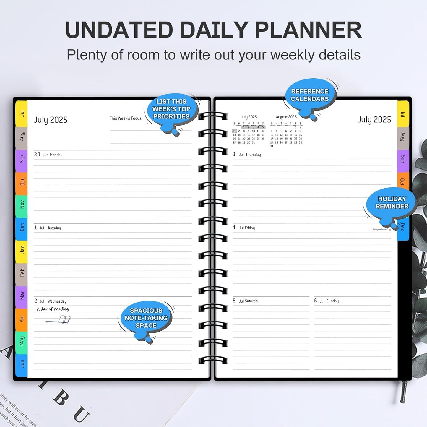 Daily Planner 2025-2026, July 2025 - December 2026, Yearly Monthly Weekly Daily Academic Calendar Planner, 18 Month with Tabs, Time Management Manual, 100GSM Thick Paper, A5 Size, Black