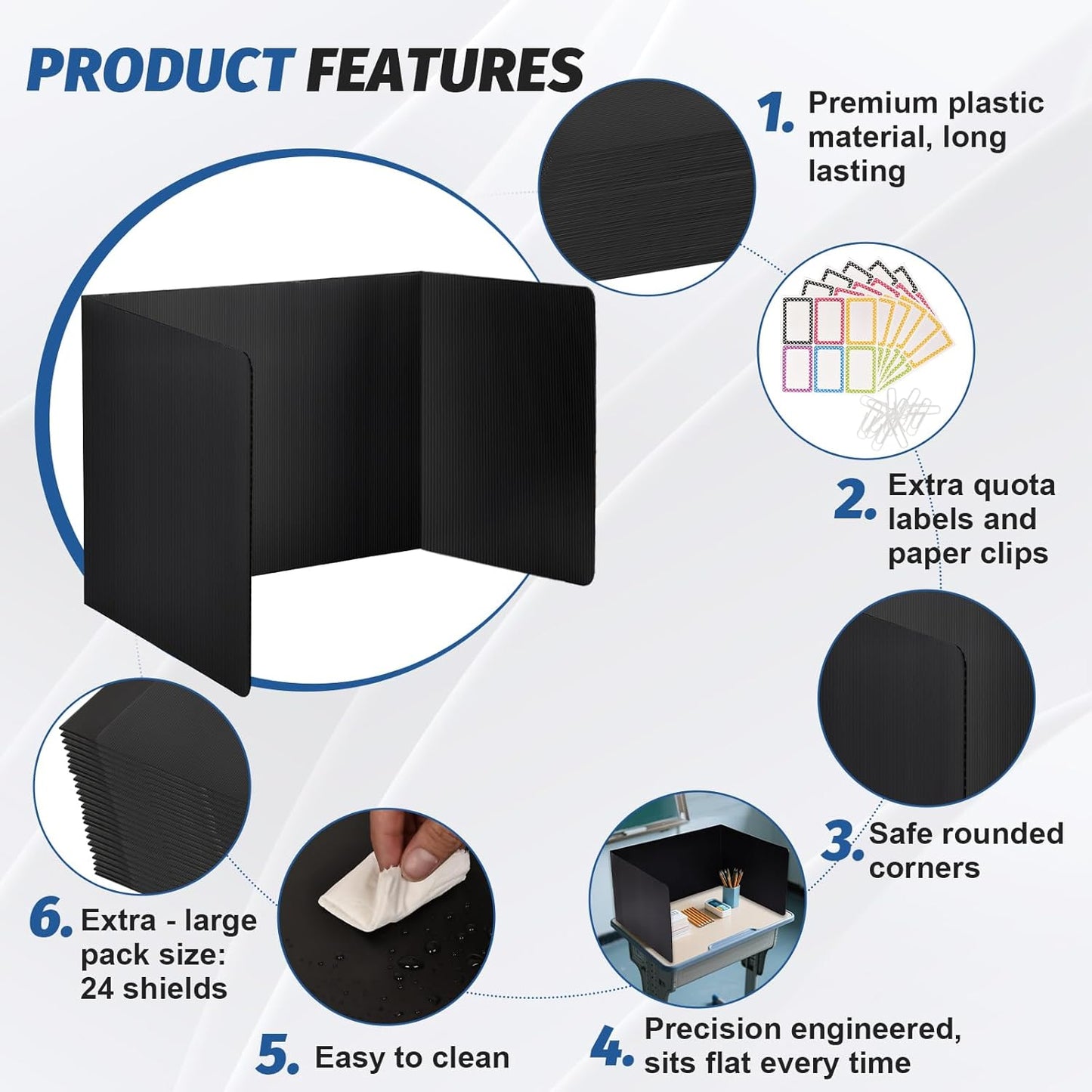 12 Pack Desk Dividers for Students,3-Fold Privacy Screens,Testing Dividers for Classroom Waterproof,Plastic Easy Clean Privacy Shields for Student Includes Extra Labels