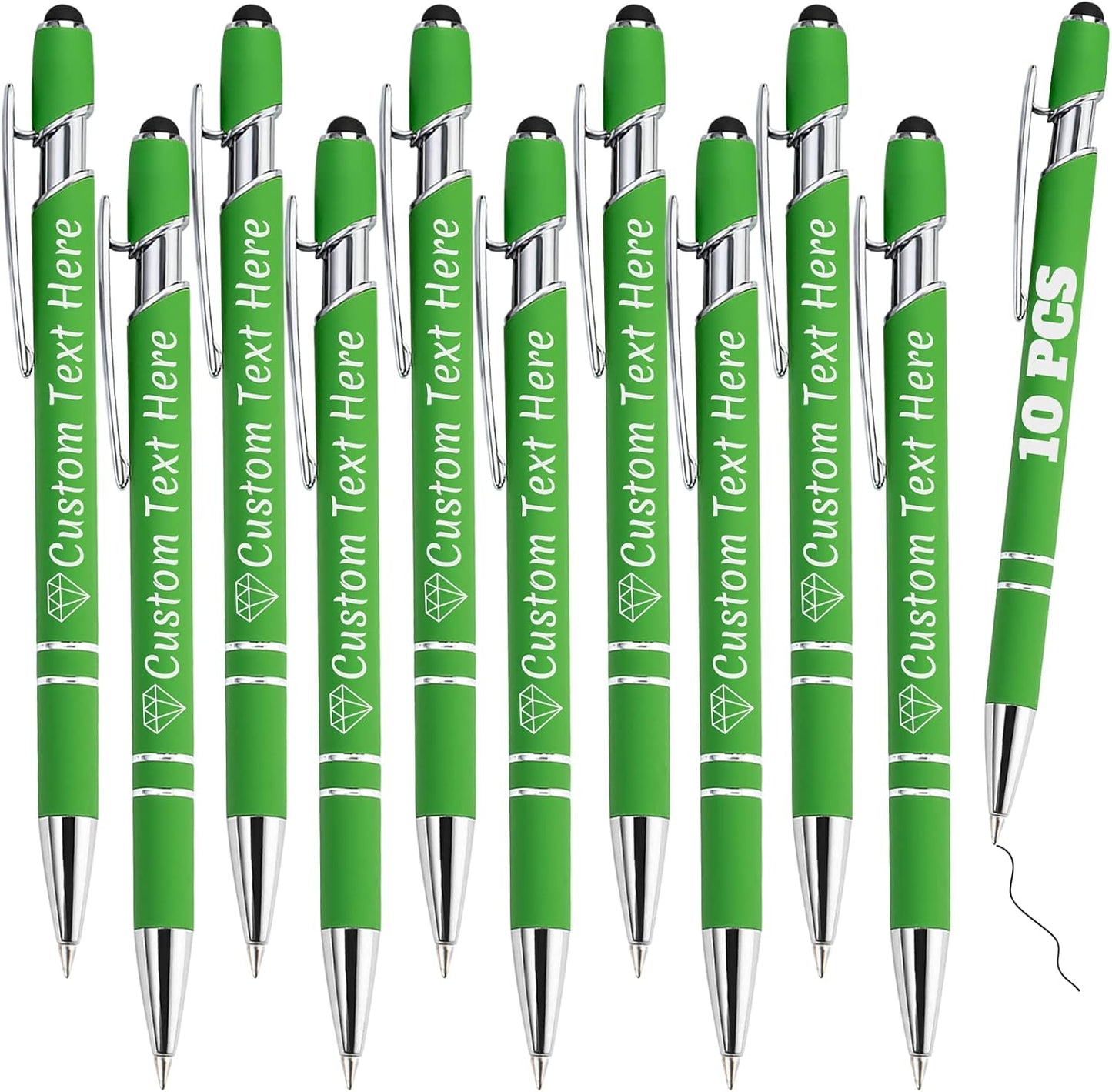 Personalized Pens Bulk 10 with Name Custom Engraving Ballpoint Pens with Stylus Tip Customized Smooth Writing Pens Personalized Gifts for Anniversary Birthday or Graduation(Light Green,Black Ink)