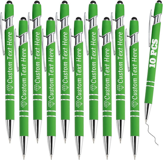 Personalized Pens Bulk 10 with Name Custom Engraving Ballpoint Pens with Stylus Tip Customized Smooth Writing Pens Personalized Gifts for Anniversary Birthday or Graduation(Light Green,Black Ink)