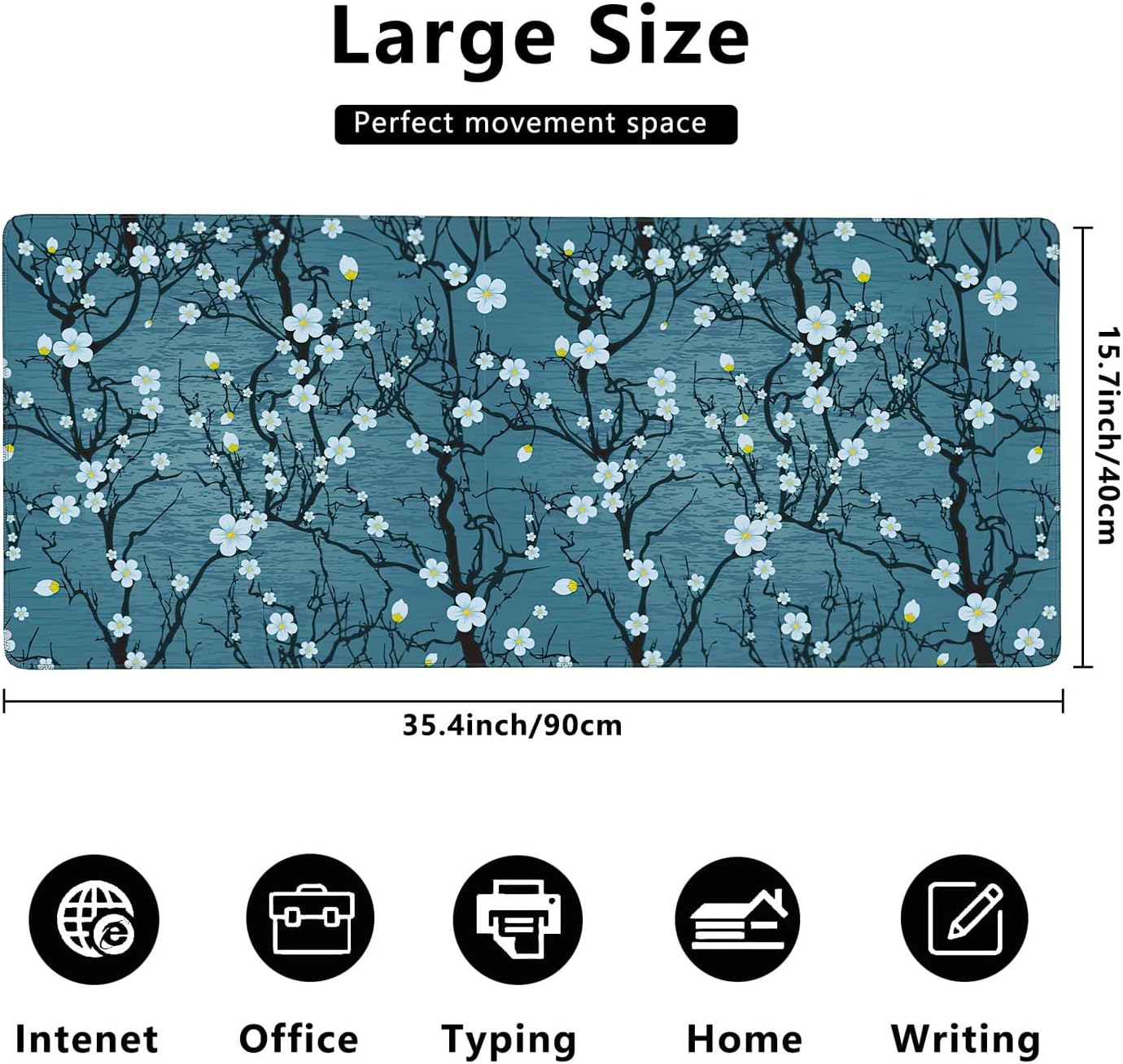 Japanese Cherry Blossom Extended Gaming Mouse Pad Large Desk Mat with Non-Slip Rubber Base and Stitched Edges,Keyboard Mouse Mat Desk Pad for Work,Game,Office,Home 35.4 * 15.7 Inch