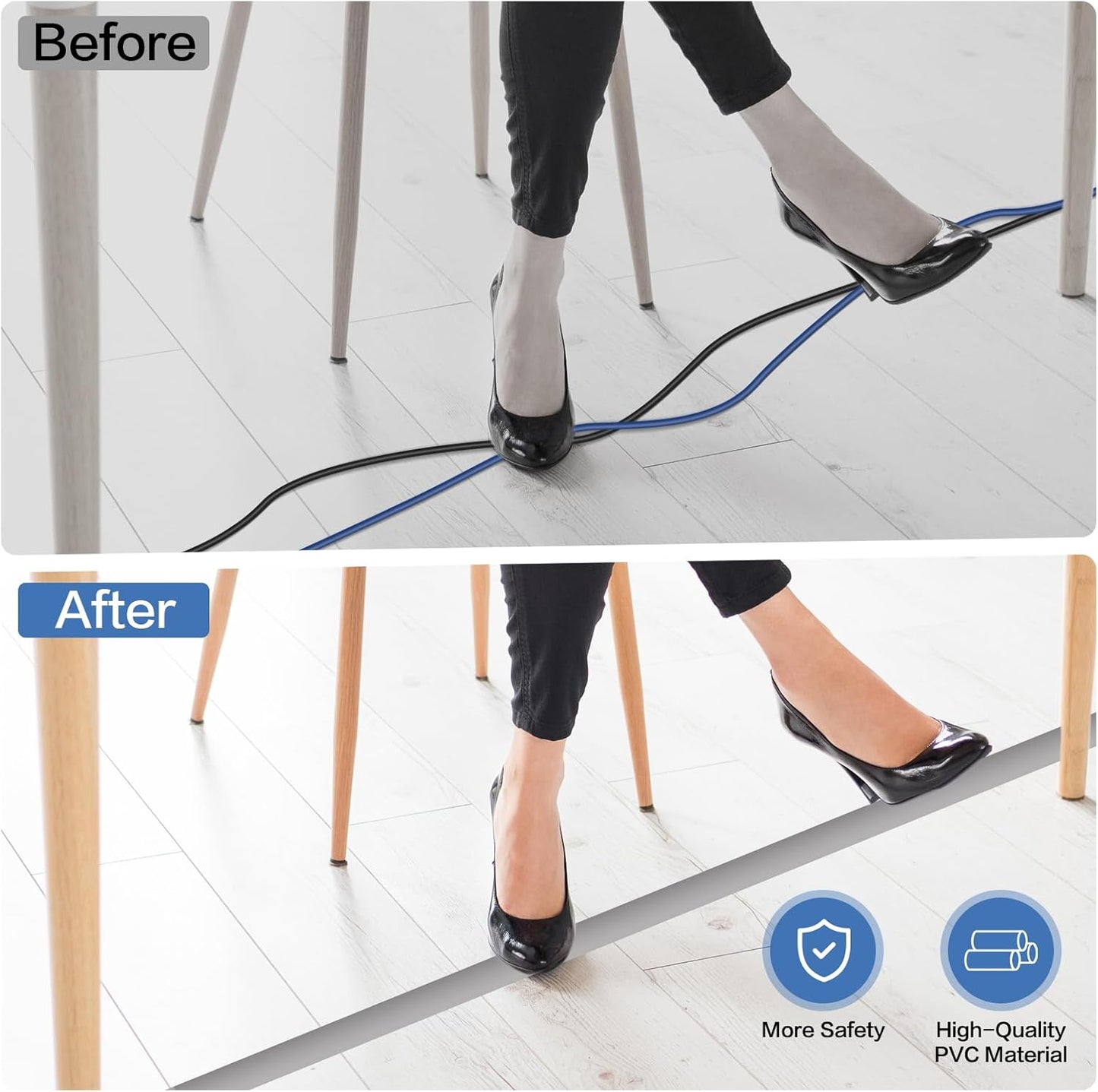 Floor Cord Cover Self Adhesive Cord Hider Floor Extension Cord Covers for Floor Power Cord Protector Cable Management Prevent Cable Trips Cable Cavity 0.32" W x 0.32" H (Grey, 20Ft)