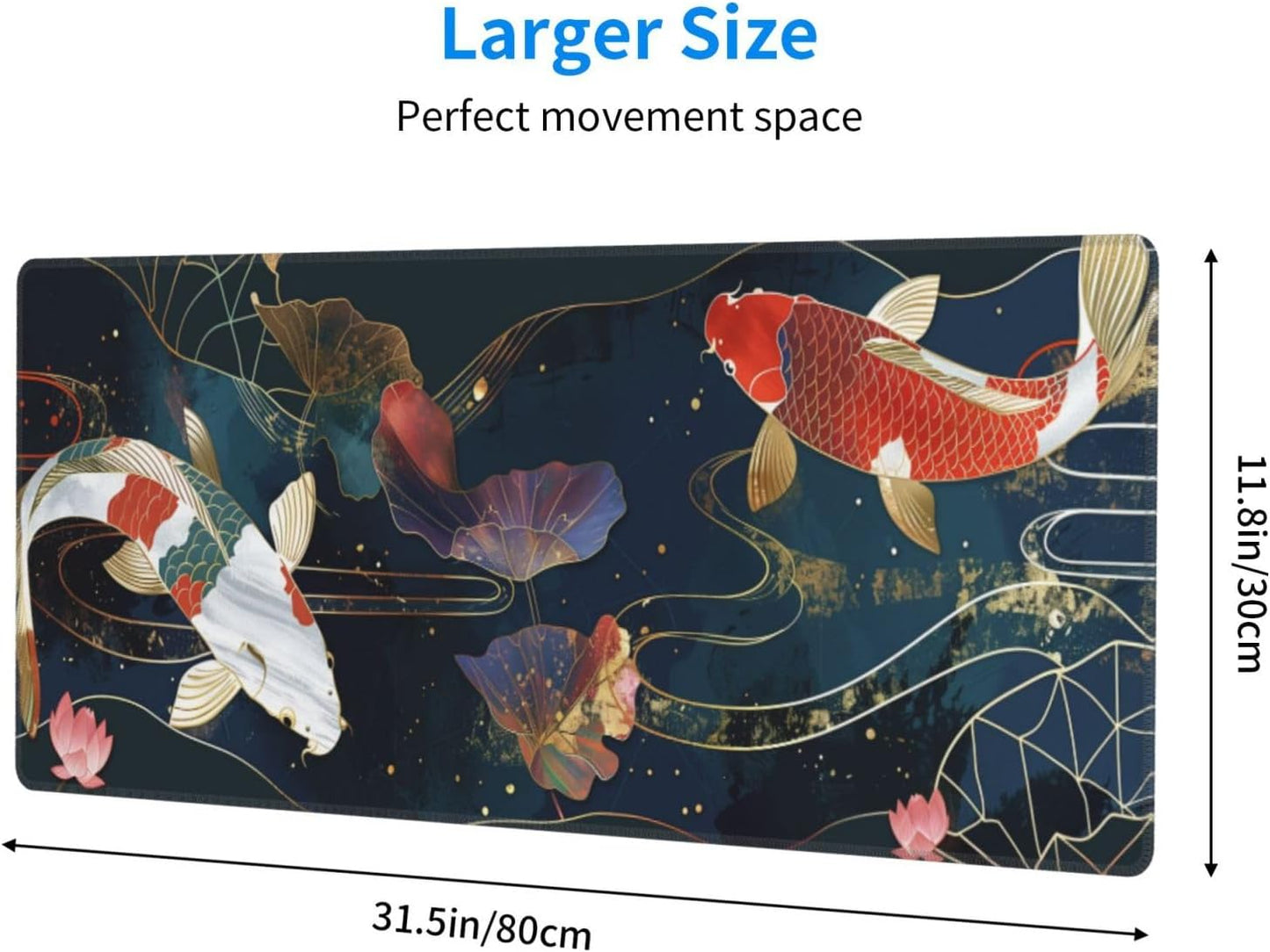 Gaming Mouse Pad Desk Pad,Extended Big Mouse Pad,31.5x11.8 Inch Long Computer Keyboard Mouse Mat Mousepad with 3mm Non-Slip Base and Stitched Edge for Gaming and Office… (koi)