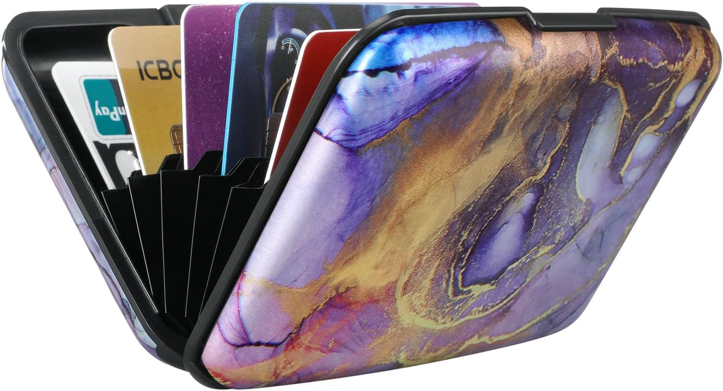 ELFISH Mini RFID Aluminum Wallet Credit Cards Holder Business Card Case Metal ID Case for Men Women（Light Purple Marble