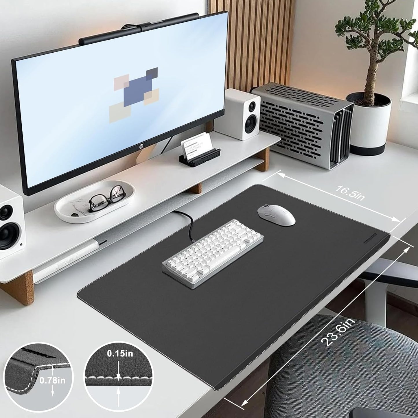 Desk Mat with Lip & Reinforced Stitched Edge|Non-Slip Waterproof PU Leather Desk Pad|Ergonomic Keyboard Mouse Pad With edge Protector|for Office, Home, Study(23.6" x 16.5",Black)