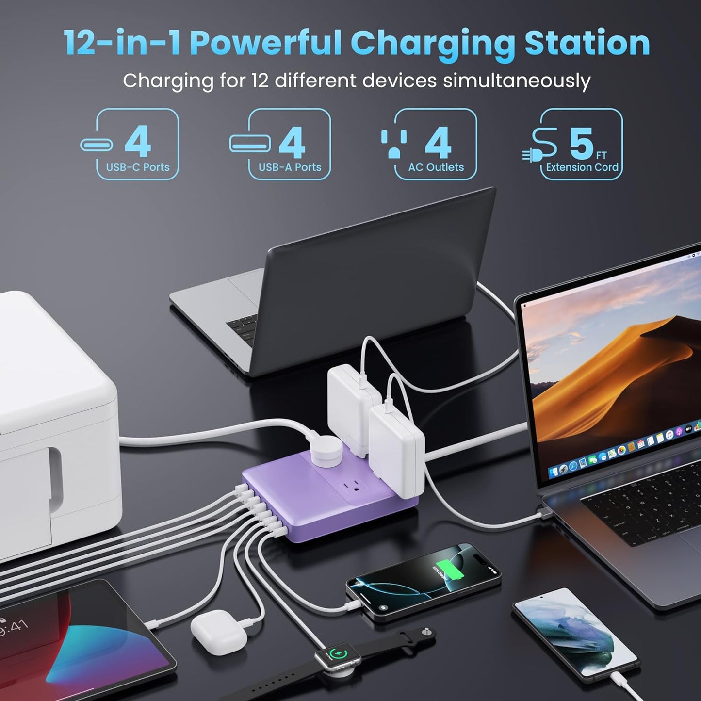 12-in-1 Charging Station USB C Power Strip with 5ft Cord,200W GaN IV USB C Charger Block,4 AC Outlets,4 USB-A,4 USB-C for MacBook,iPhone 16/15/14,Fast Charging Desktop Charger for Office (Purple)