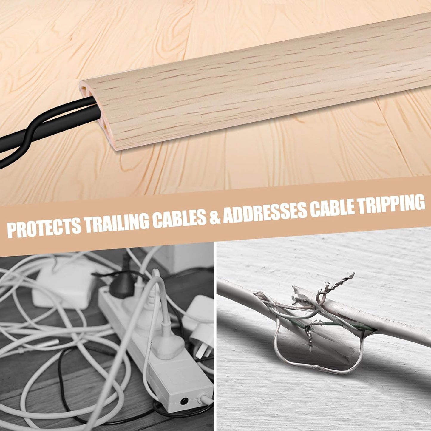 Floor Cord Cover Self Adhesive Cord Hider,10FT Cable Management, Extension Strip Protector for Wires, Prevent Cable Trips for Offices, Gyms, Exhibitions Cavity:0.39"(W) x 0.27"(H) Yellow Wood