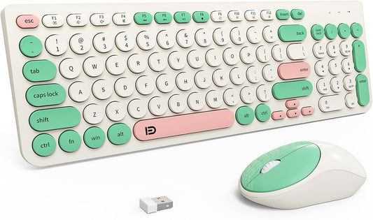 FD Wireless Keyboards and Mouse Combo - 2.4GHz USB Cordless, Cute Wireless Keyboard Round Keys, Quiet and Slim Set for Laptop, Computer, TV and Mac - Milky White Green Colorful