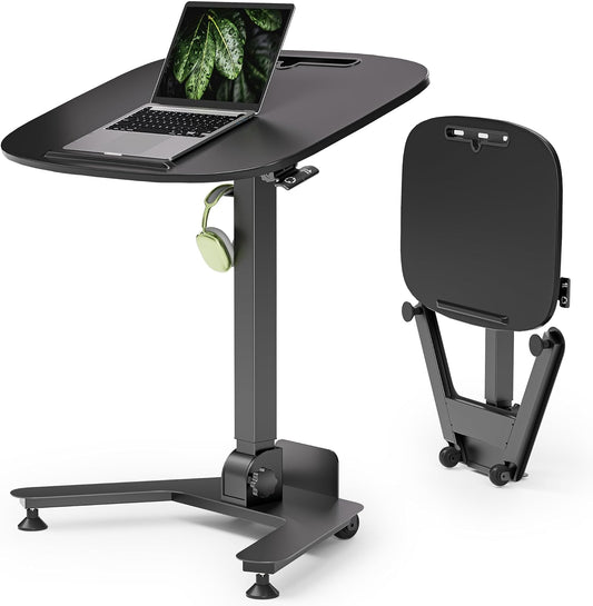 Foldable Pneumatic Height Adjustable Mobile Standing Desk with 90° Tiltable Tabletop, 27.2x18.9 Inch Portable Laptop Desk with Wheels, Holds Up to 66.1lbs for Home Office, Study, Black
